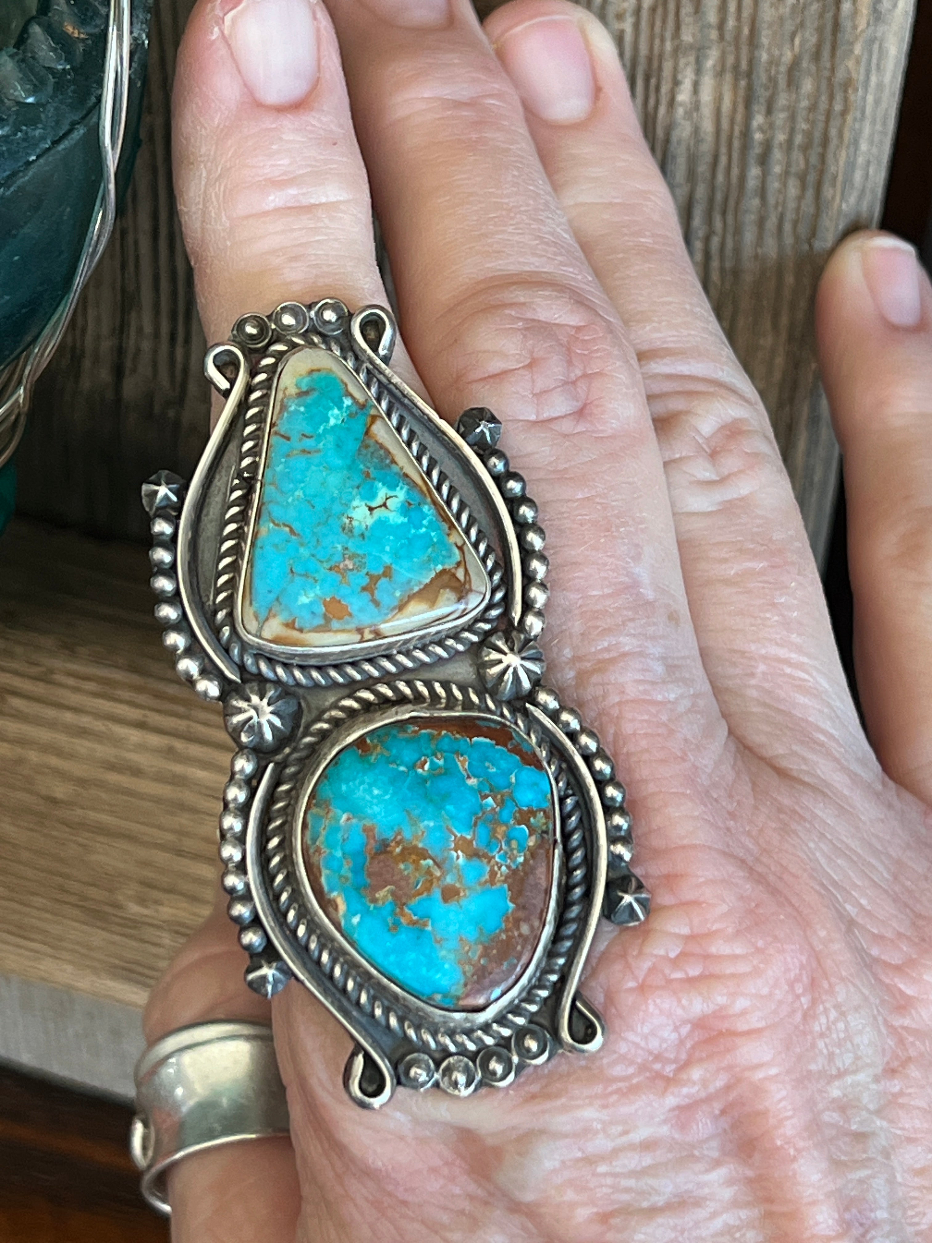 Apache Sterling Silver and Pilot Mountain Two Stone Ring by Rosella Paxson, Size 10