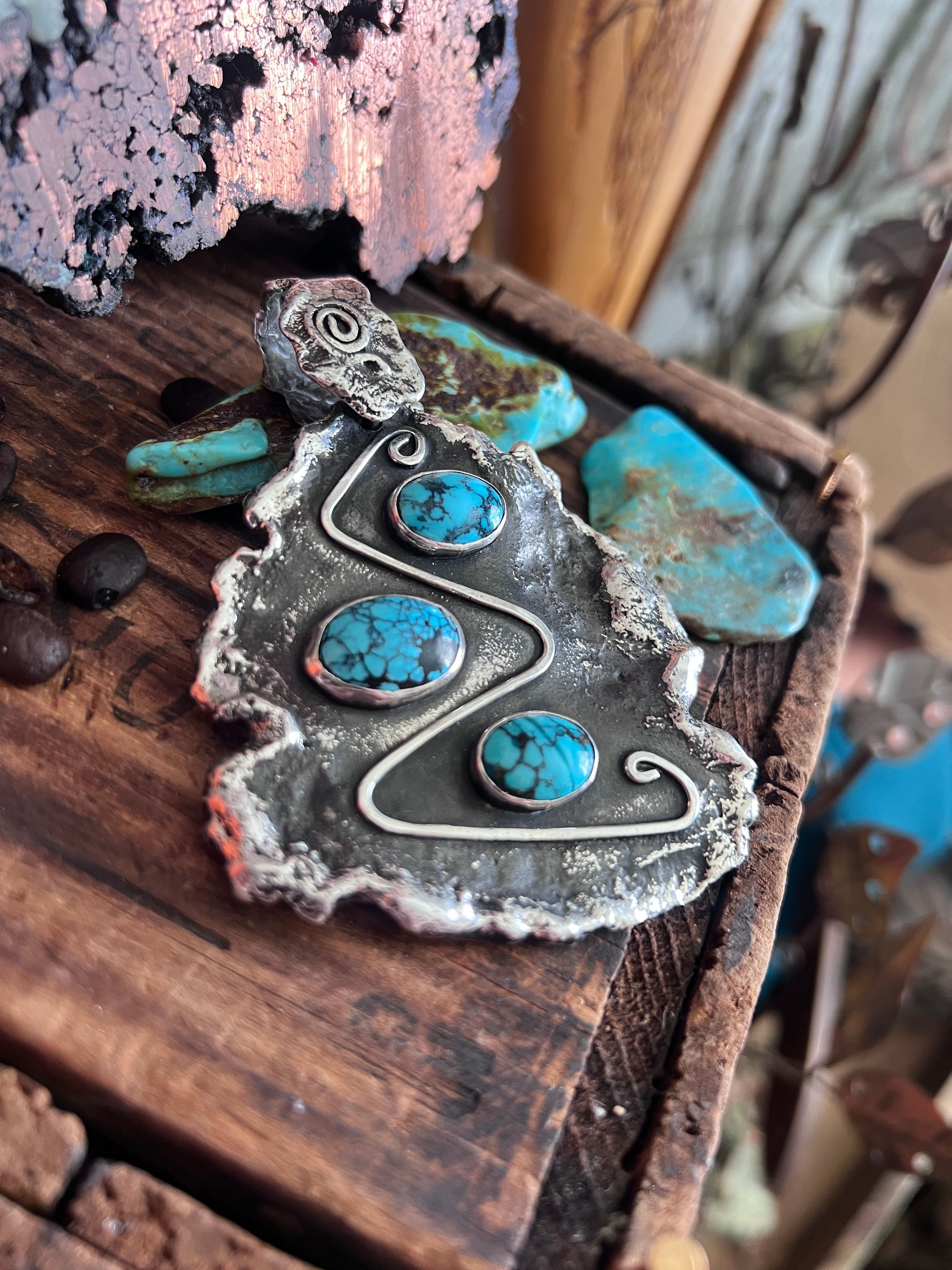 Vintage Artisan Sterling Silver and Turquoise Brutalist Style Pendant Signed Sandee Kelly
