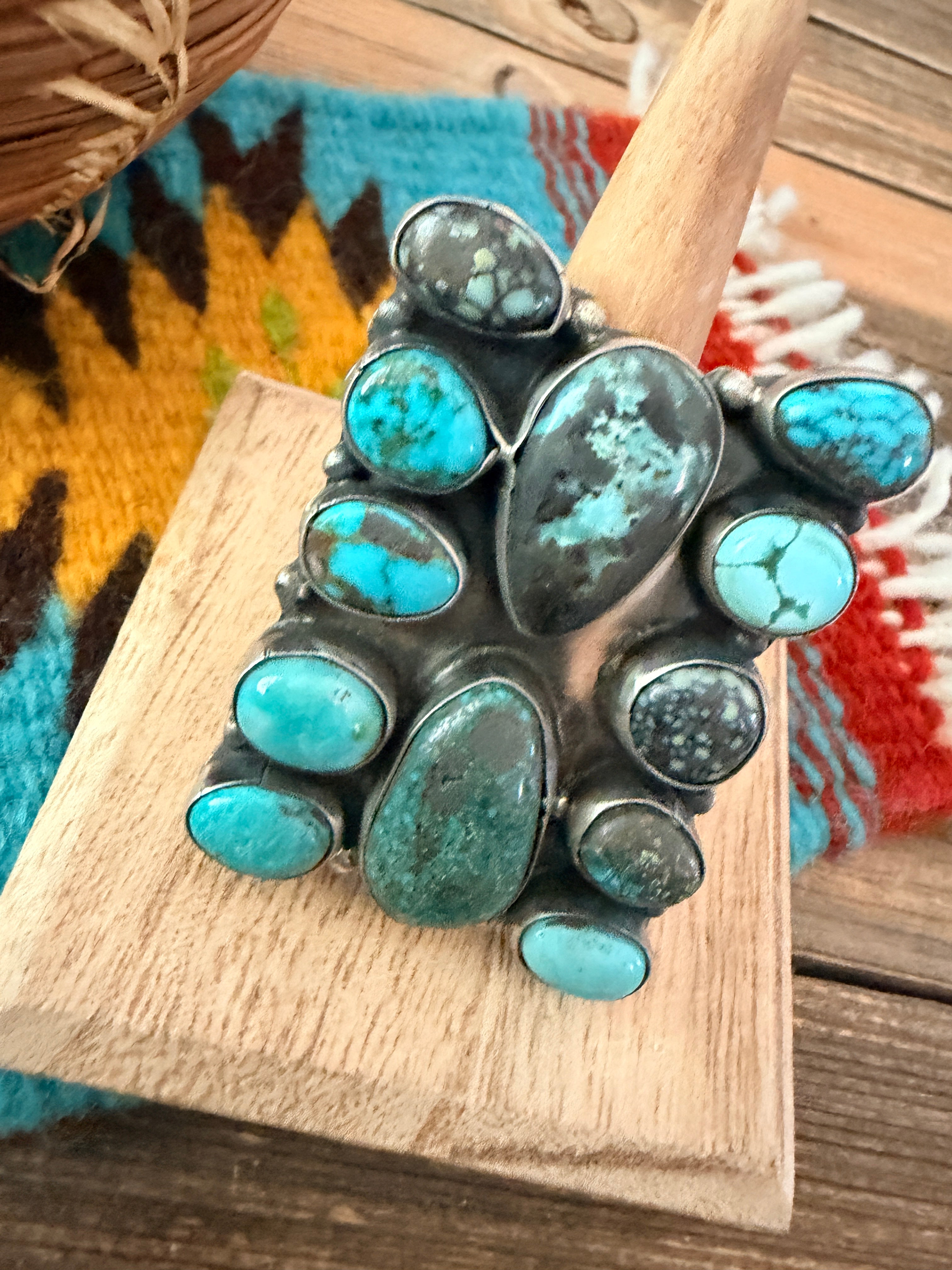 Handcrafted Multi Turquoise & Sterling Silver Cluster Ring Size 8