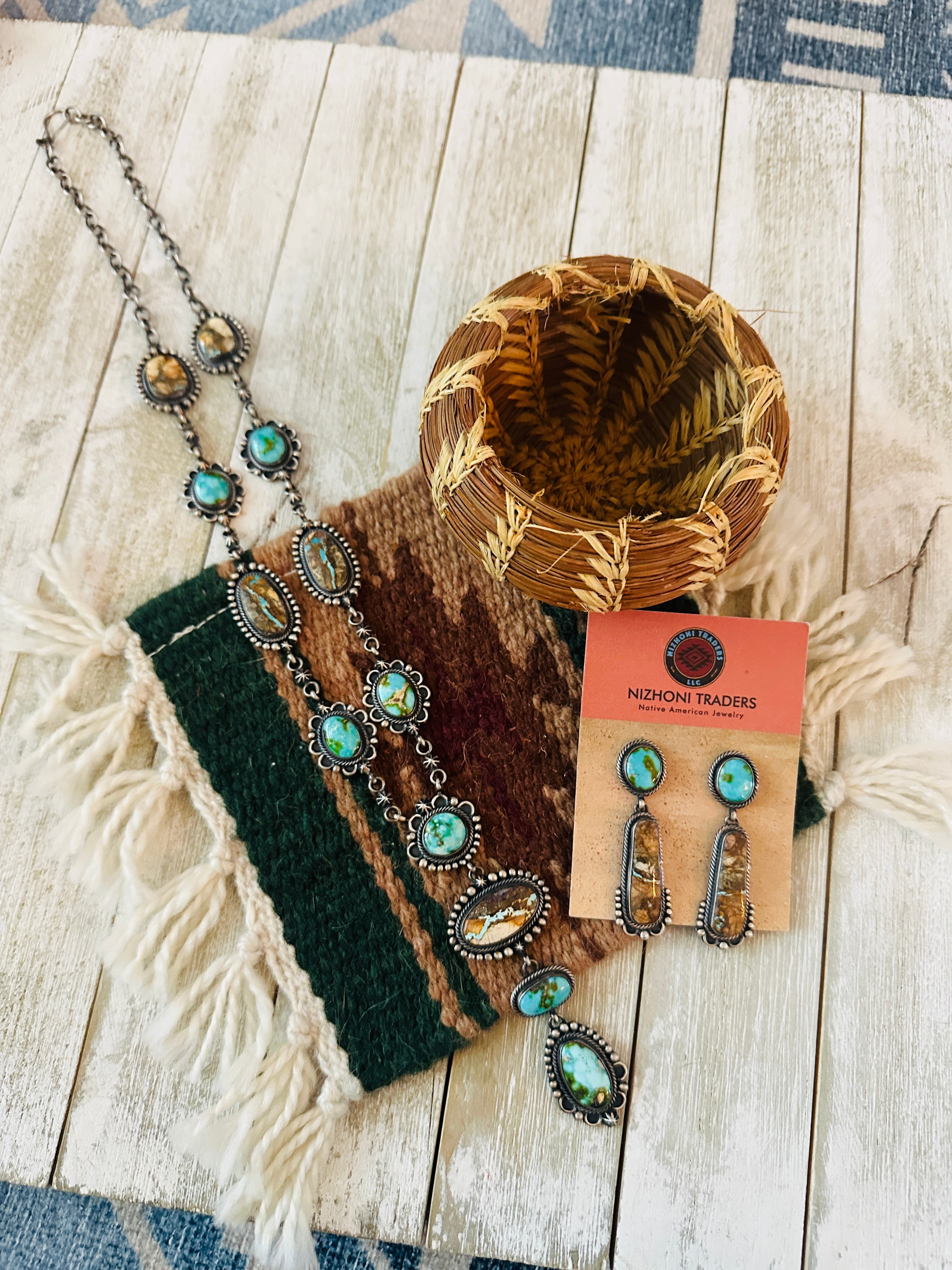 Handcrafted Sterling Silver, Ribbon and Sonoran Turquoise Necklace and Earring Set by Diane Wylie