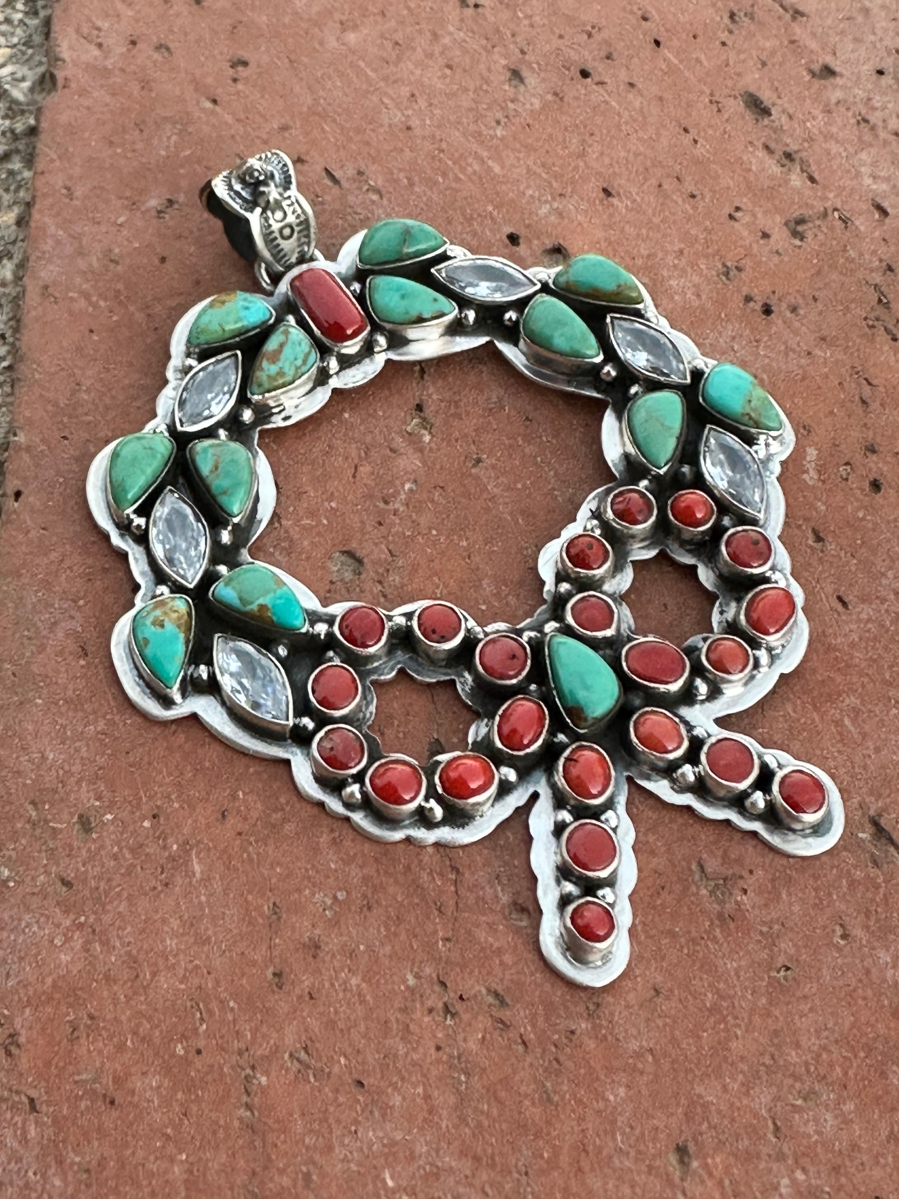 Handmade Sterling Silver, Coral & Kingman Turquoise Christmas Wreath Pendant