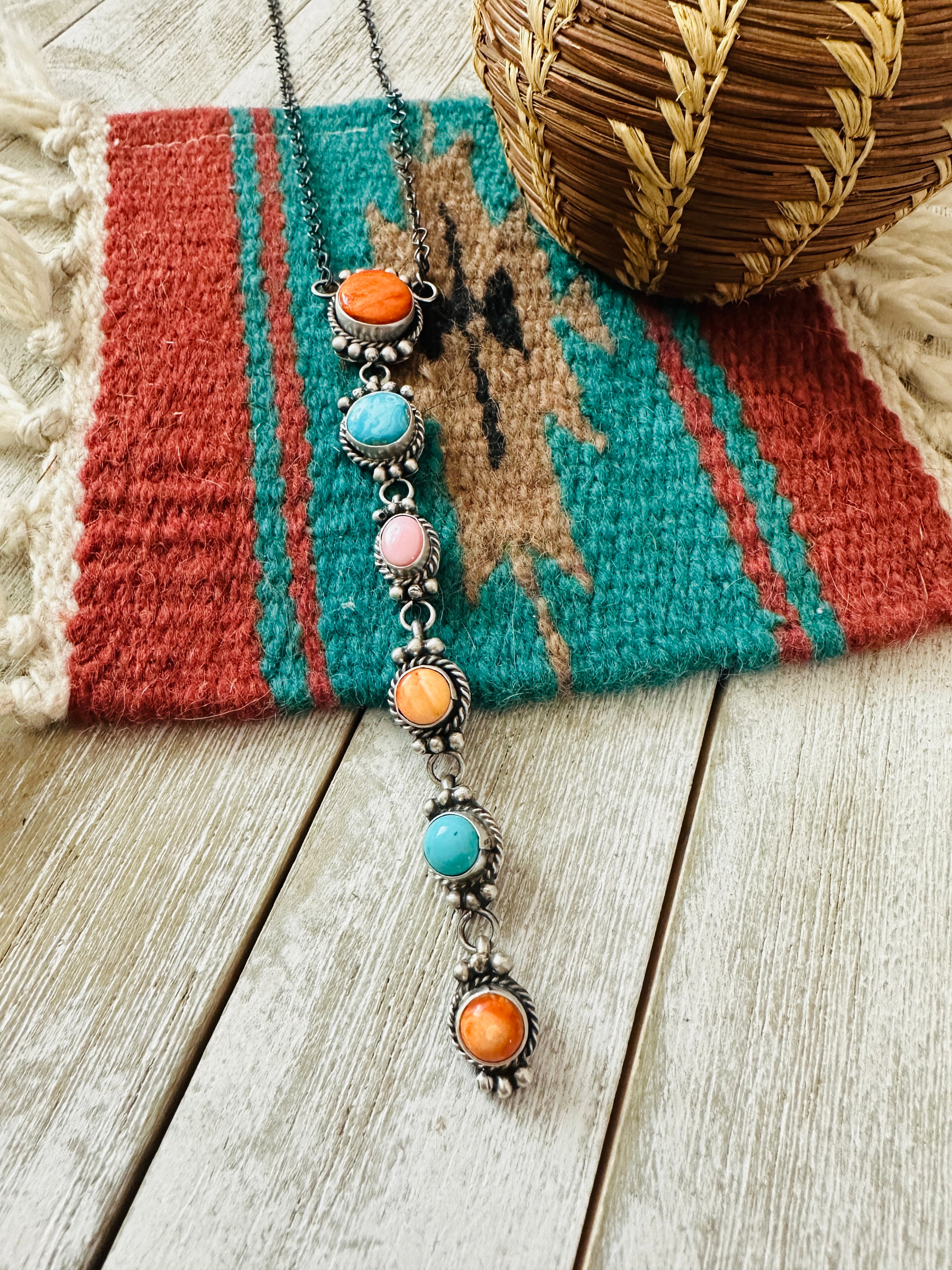 Handcrafted Sterling Silver & Multi Stone Lariat Necklace