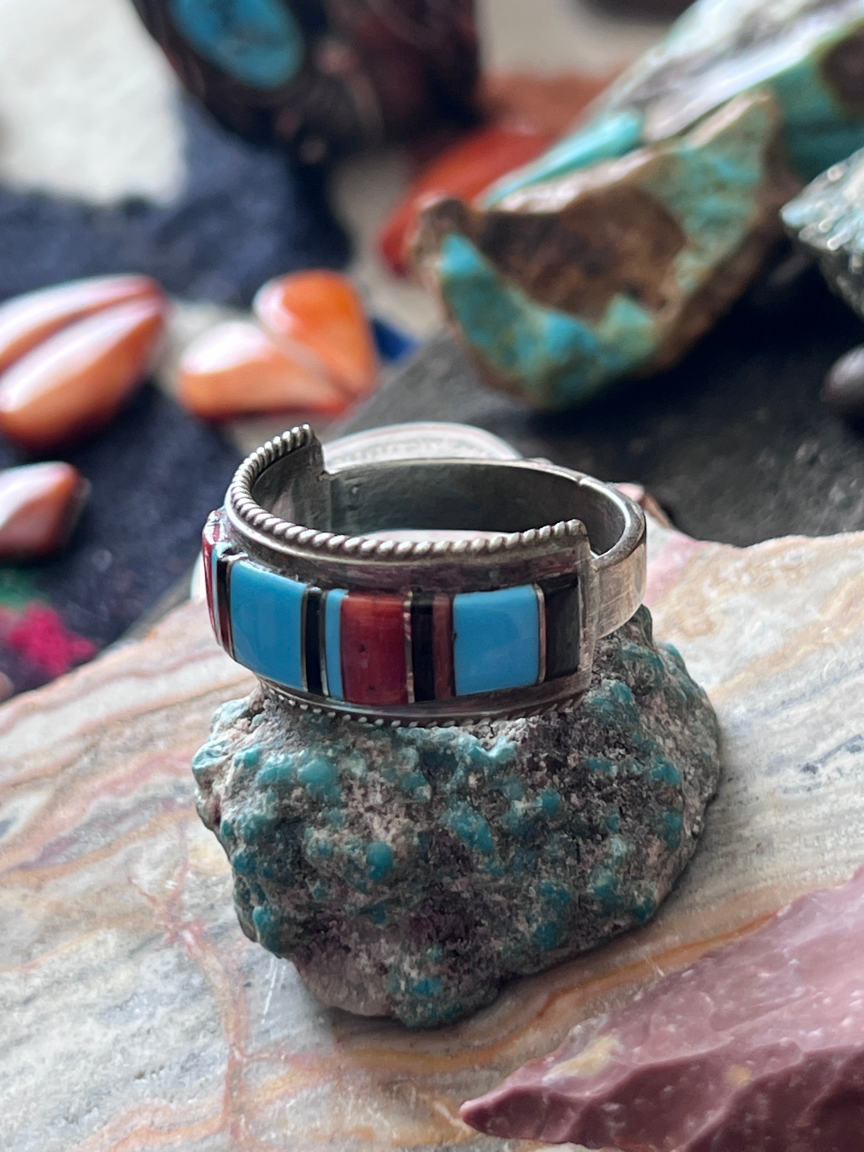 Old Pawn Sterling Silver, Turquoise, Onyx and Coral Raised Channel Inlay Ring by Deidre L Panteah