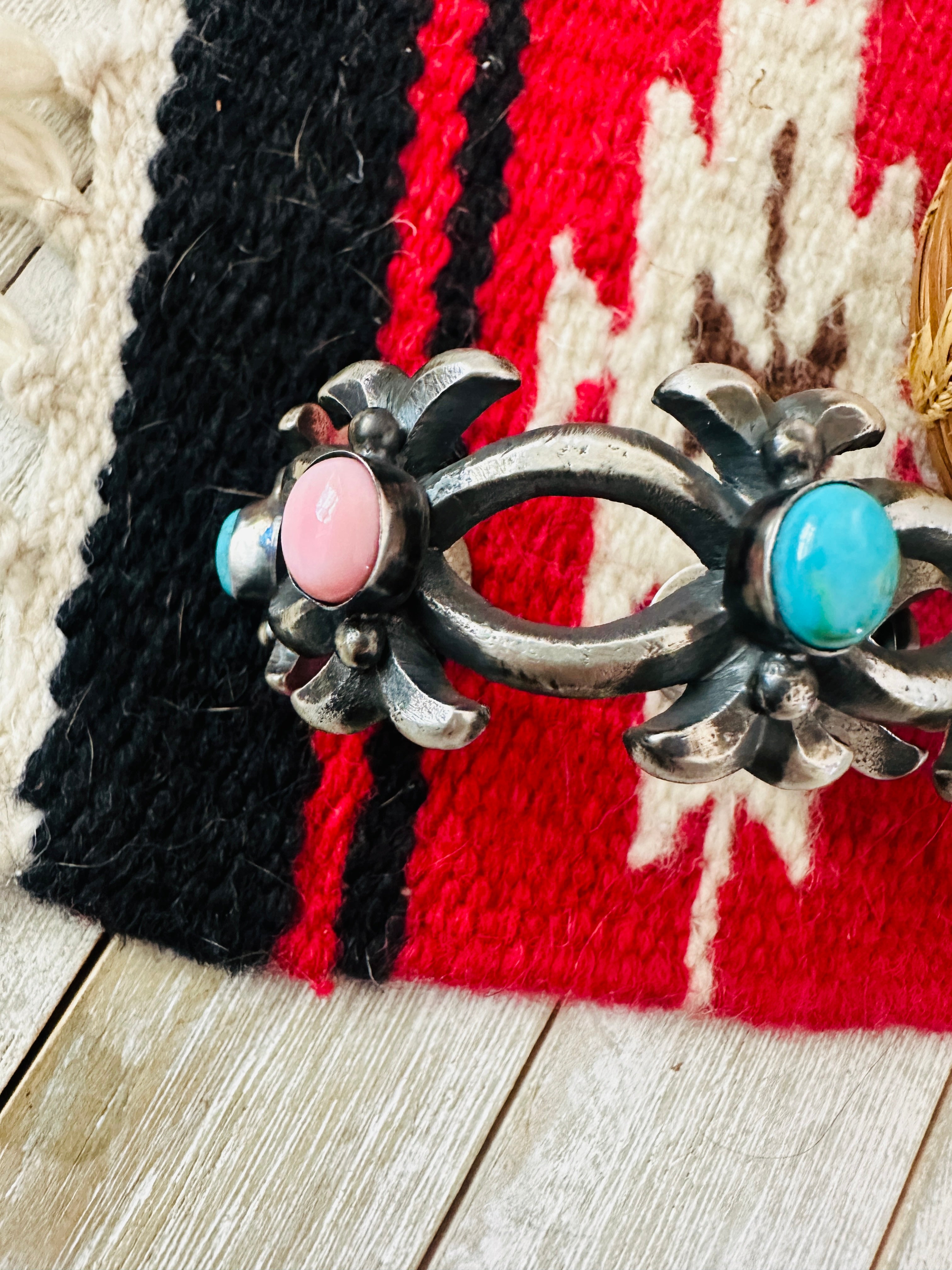 Handcrafted Turquoise, Queen Pink & Sterling Silver Cuff Bracelet by Chimney Butte