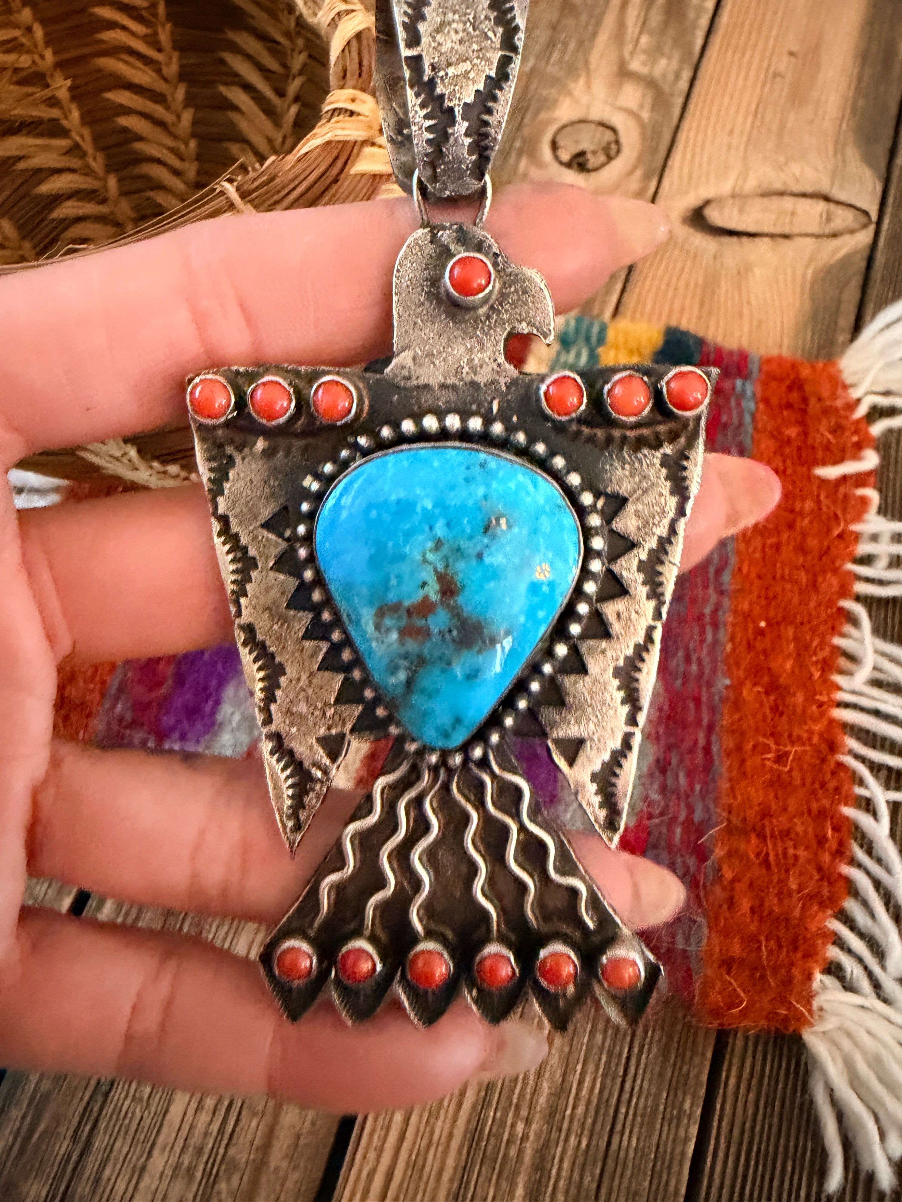 Handcrafted Sterling Silver, Turquoise & Coral Thunderbird Pendant by Shawn Cayatineto