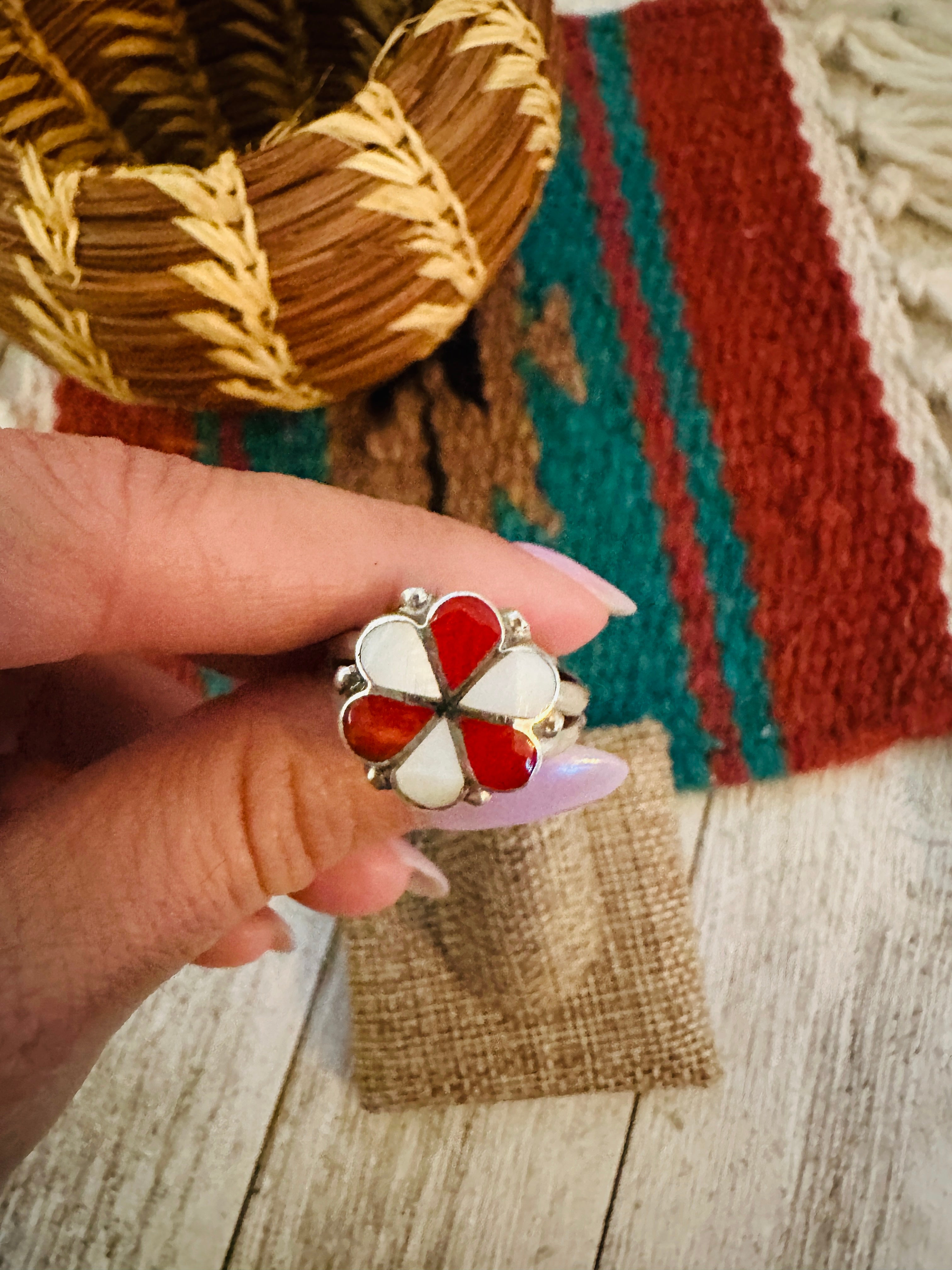 Hand Crafted Mother of Pearl, Coral & Sterling Silver Inlay Flower Ring Size 8.5