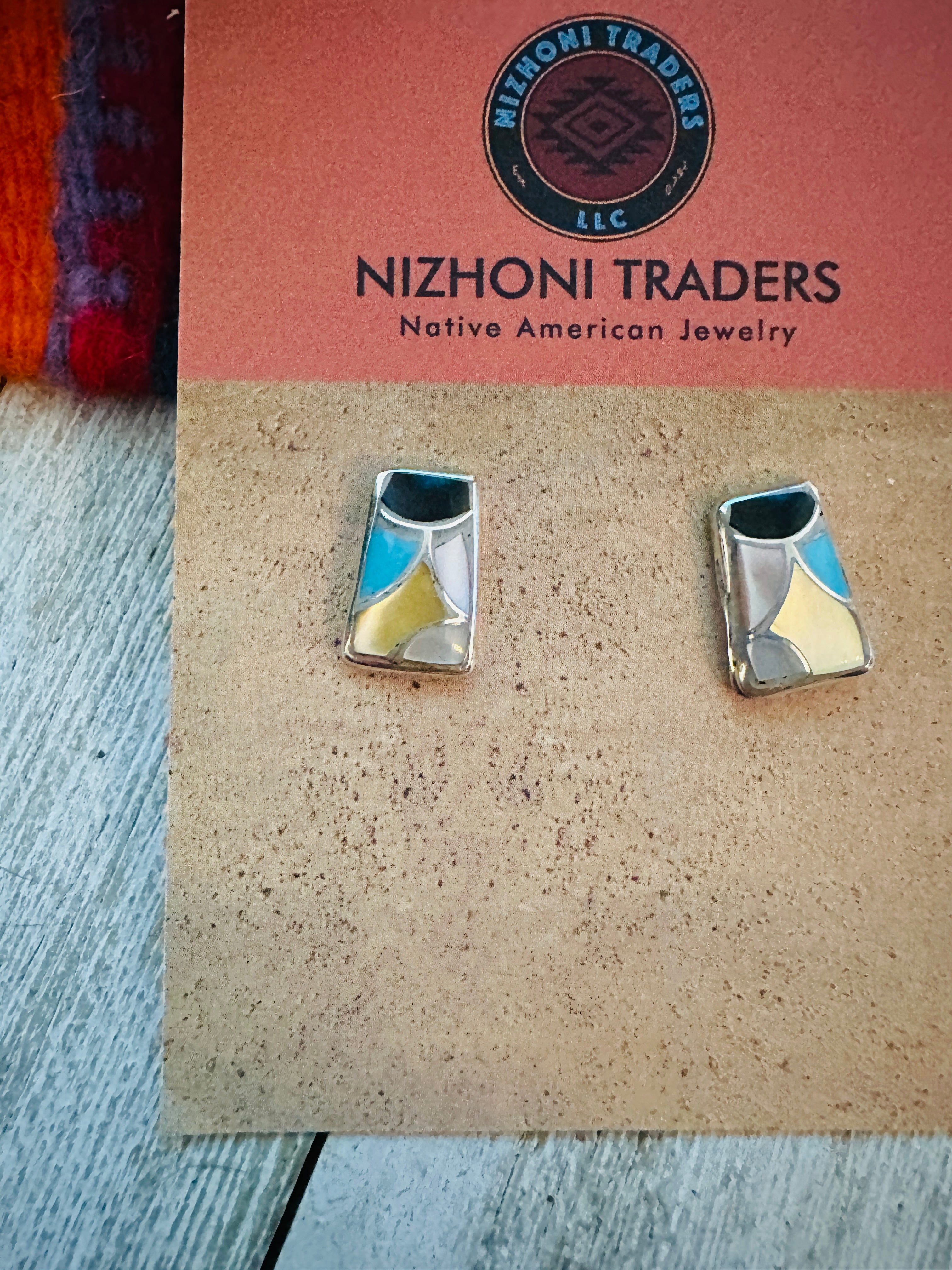 Zuni Multi Stone & Sterling Silver Inlay Stud Earrings