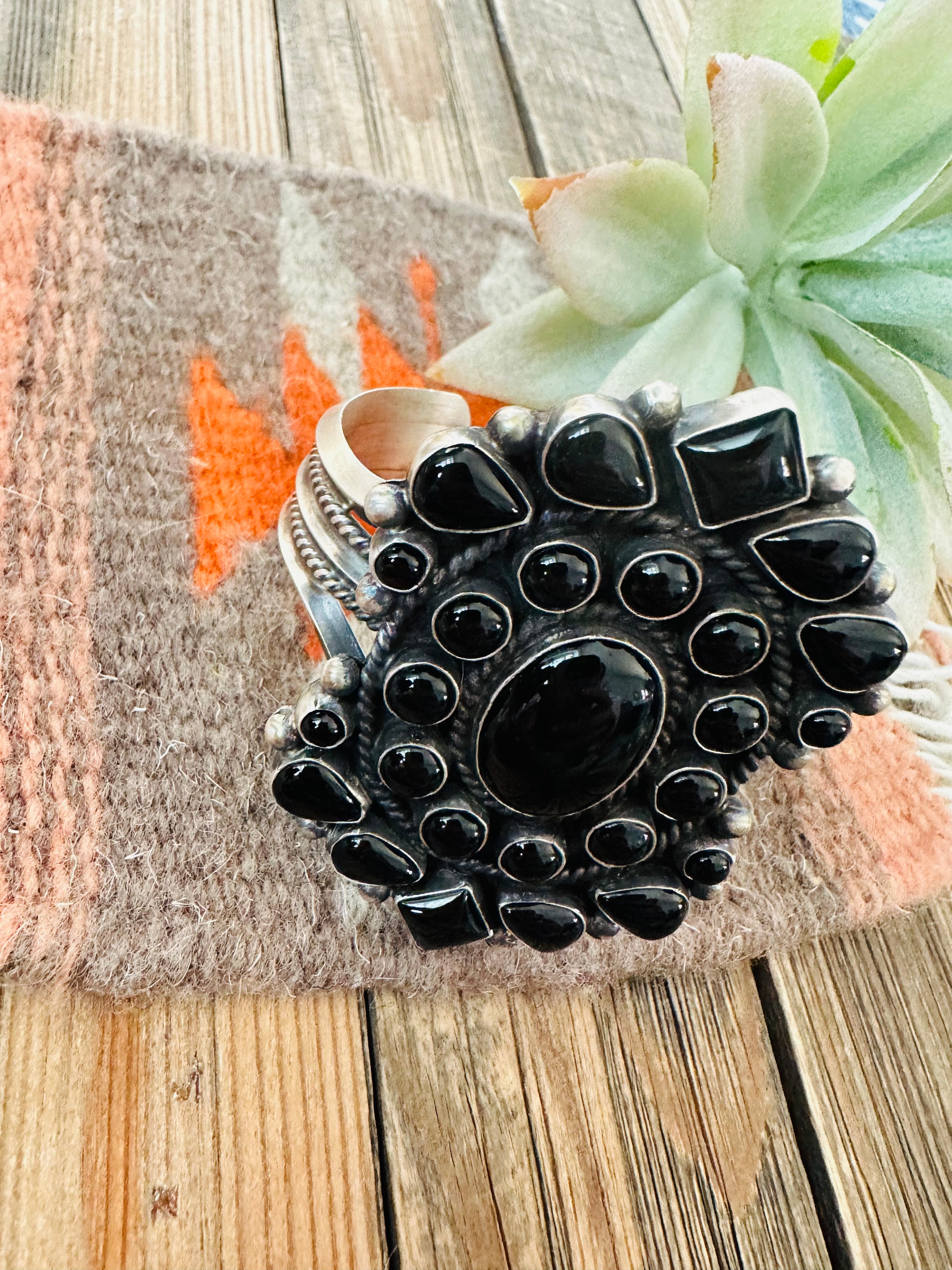 Navajo Black Onyx & Sterling Silver Cluster Cuff Bracelet