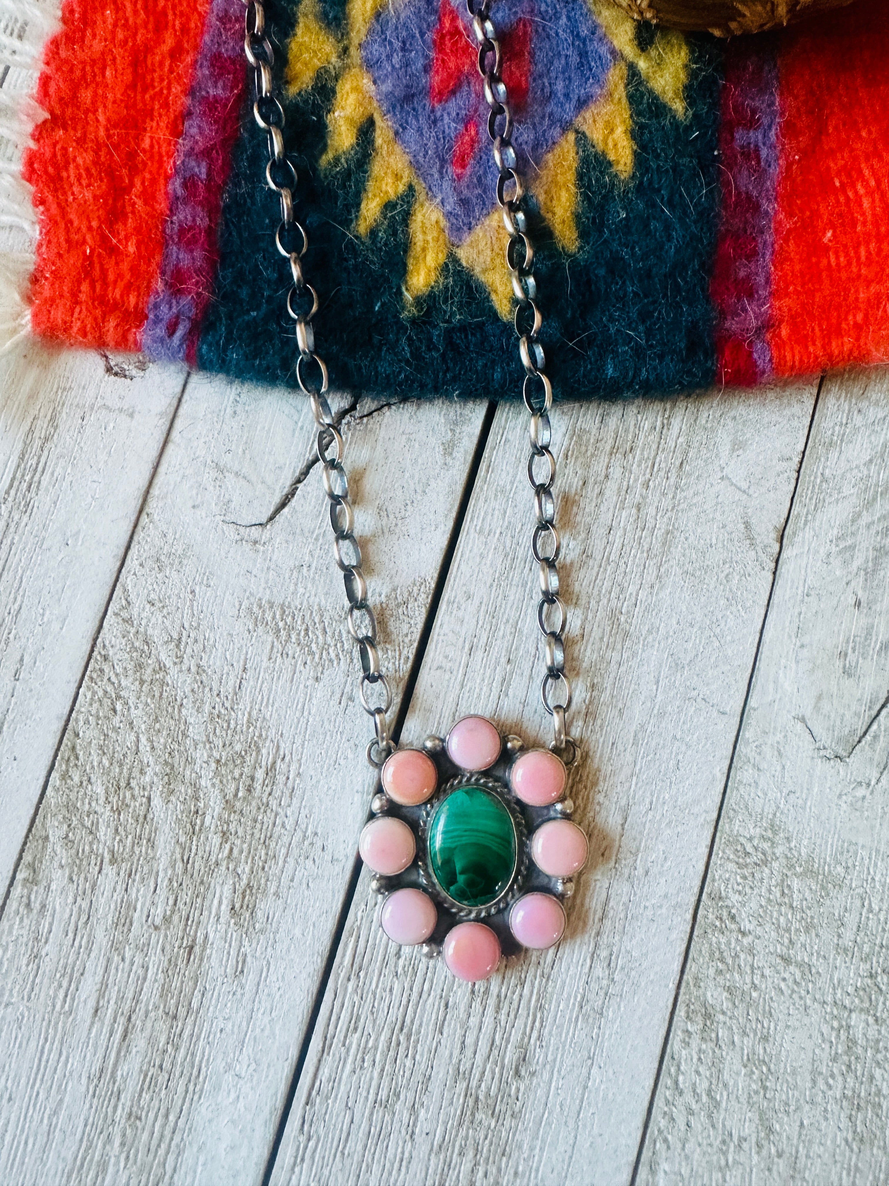 Navajo Sterling Silver, Queen Pink Conch Shell & Malachite Necklace