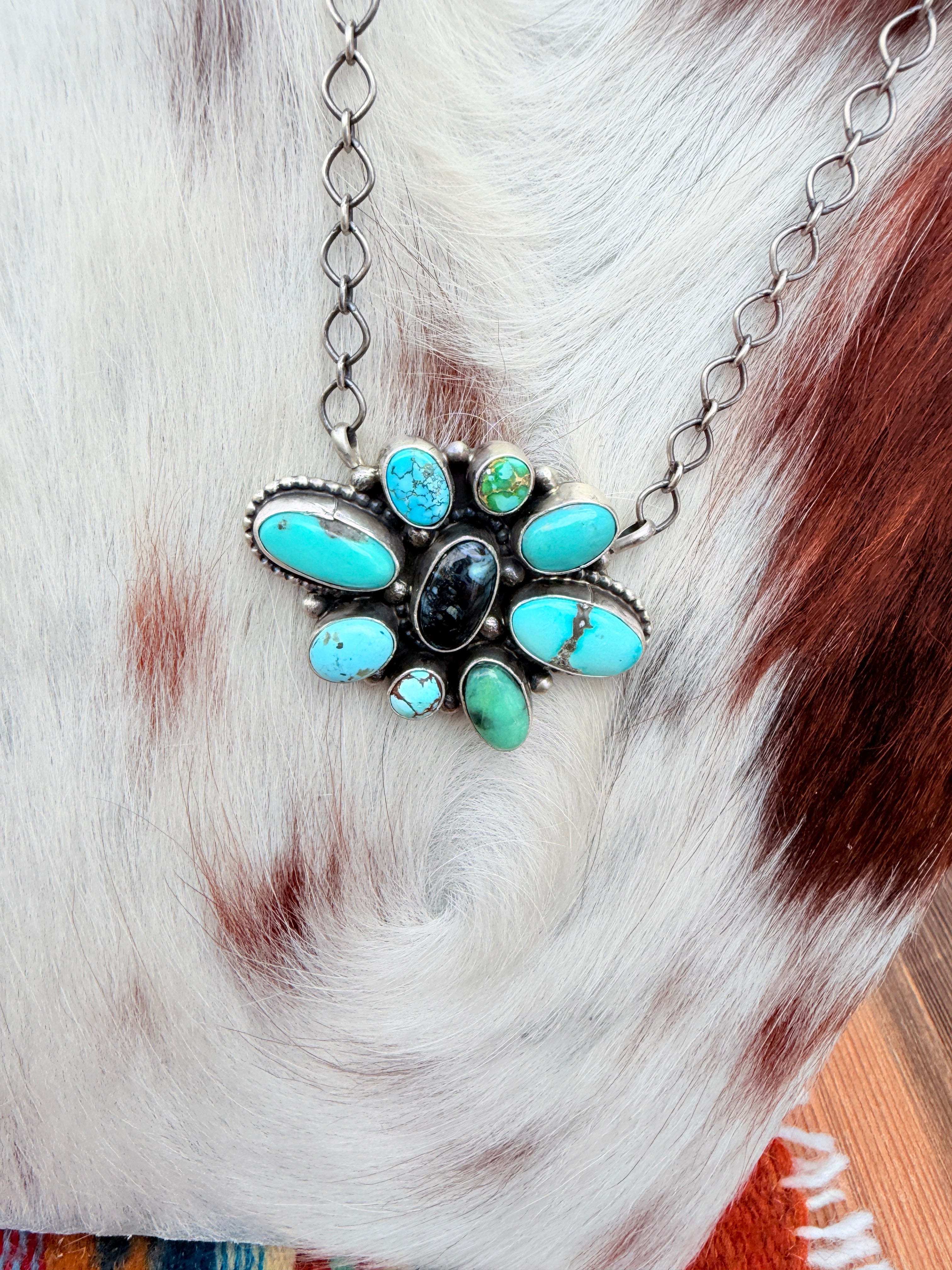 Handcrafted Turquoise & Sterling Silver Cluster Necklace by Travis Jim