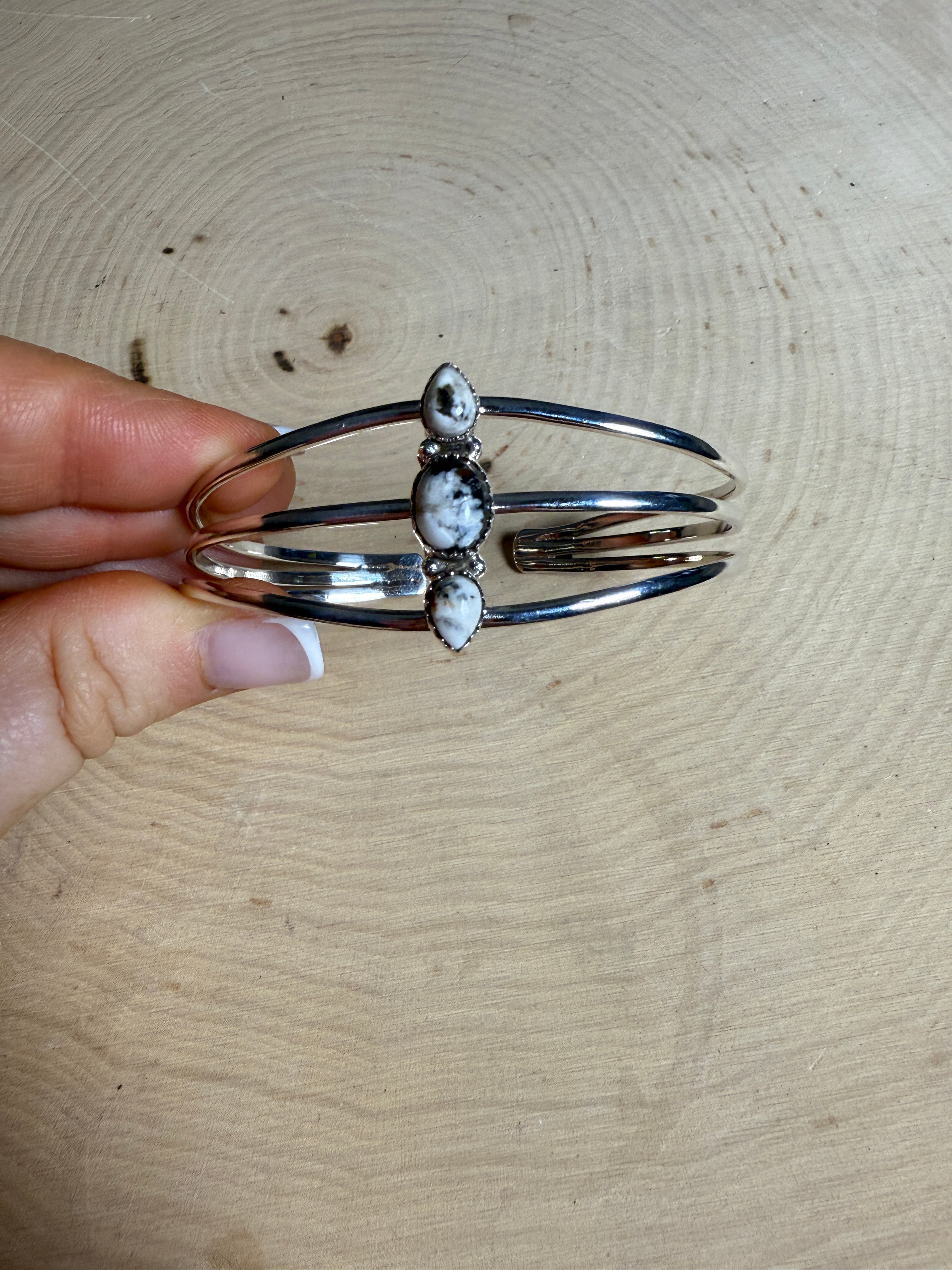Handmade White Buffalo & Sterling Silver 3 Stone Adjustable Cuff Bracelet