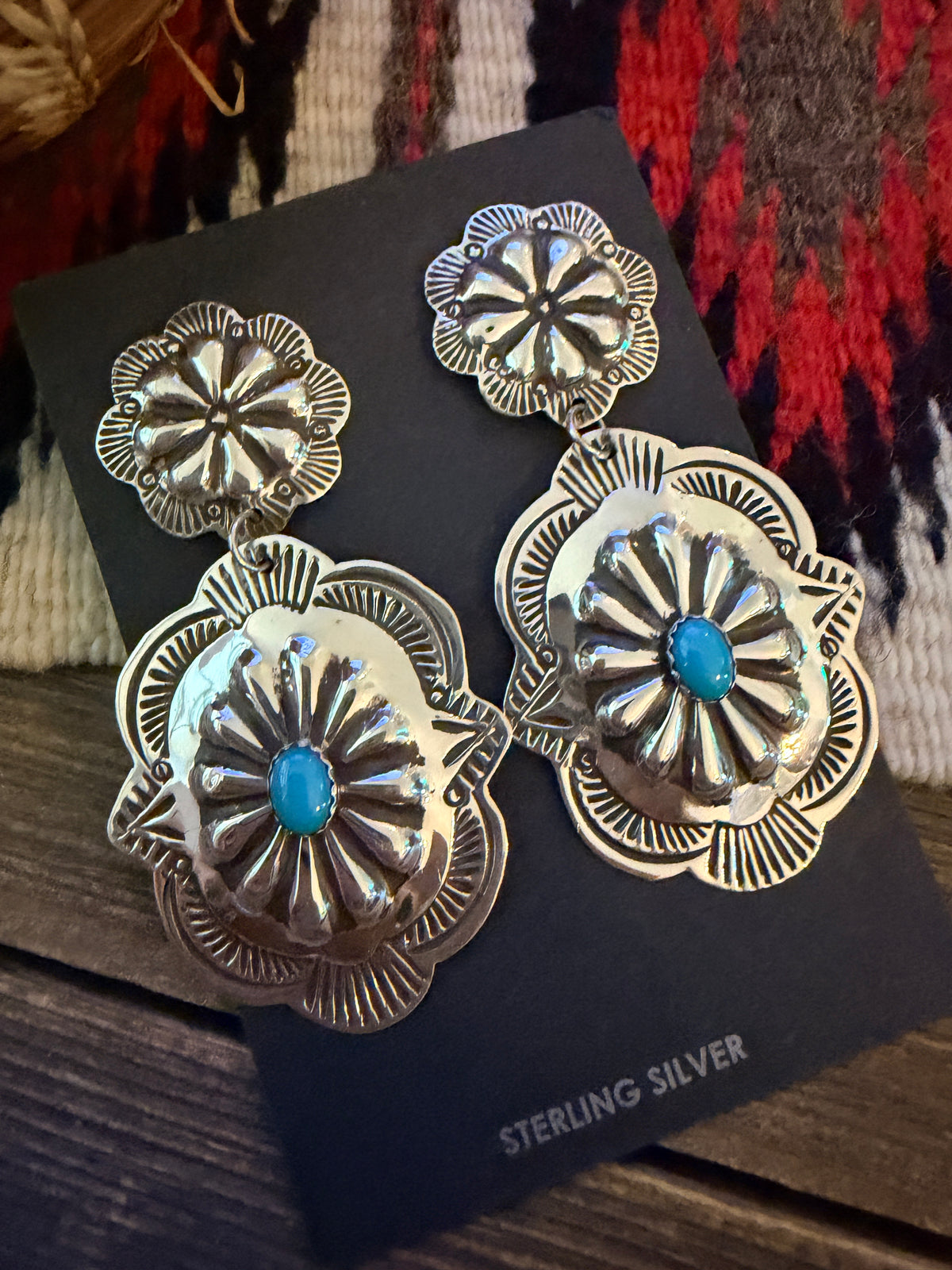 Handcrafted Turquoise & Sterling Silver Concho Dangle Earrings by Genevieve Blackgoat