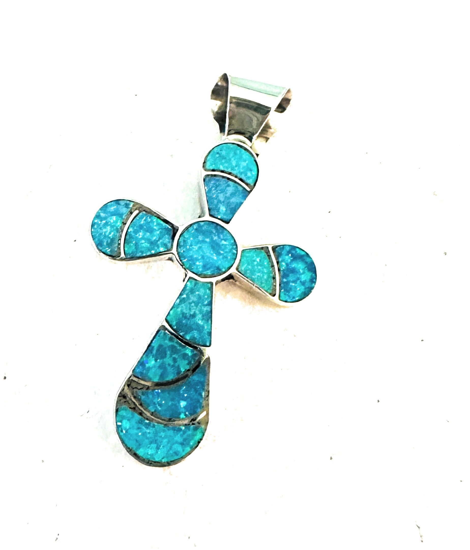 Zuni Sterling Silver & Blue Opal Inlay Cross Pendant Signed