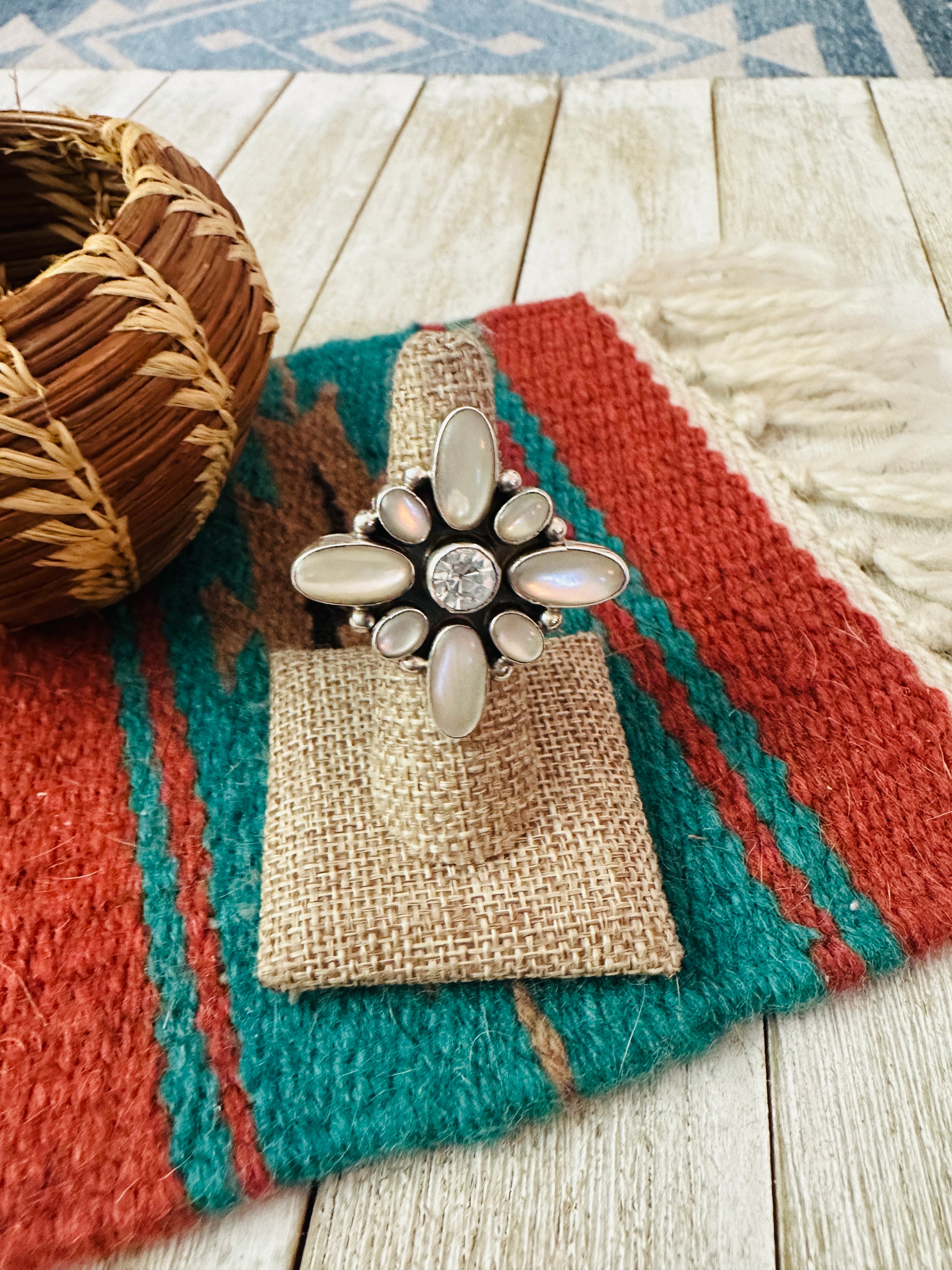 Handcrafted Mother of Pearl, CZ & Sterling Silver Adjustable Ring by Jacqueline Silver