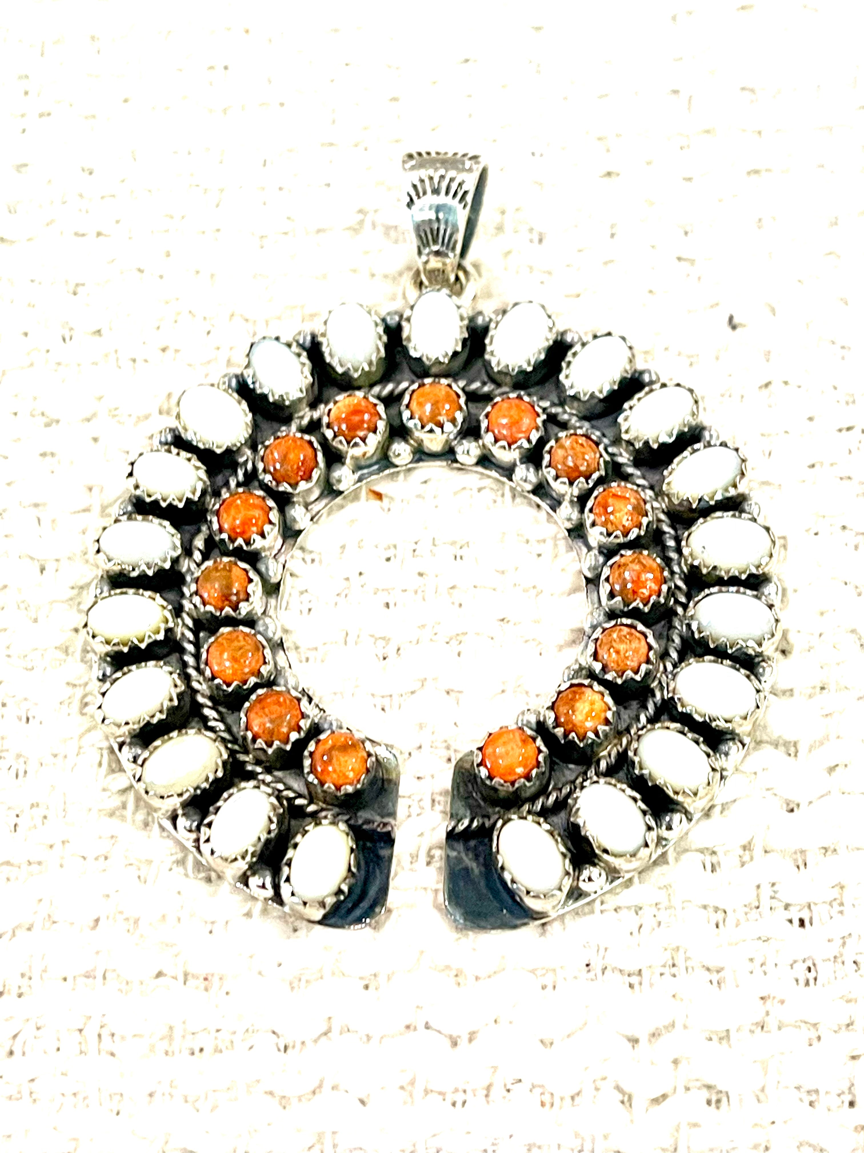 Handmade Sterling Silver, Mother Of Pearl & Orange Mojave Cluster Pendant Signed Nizhoni