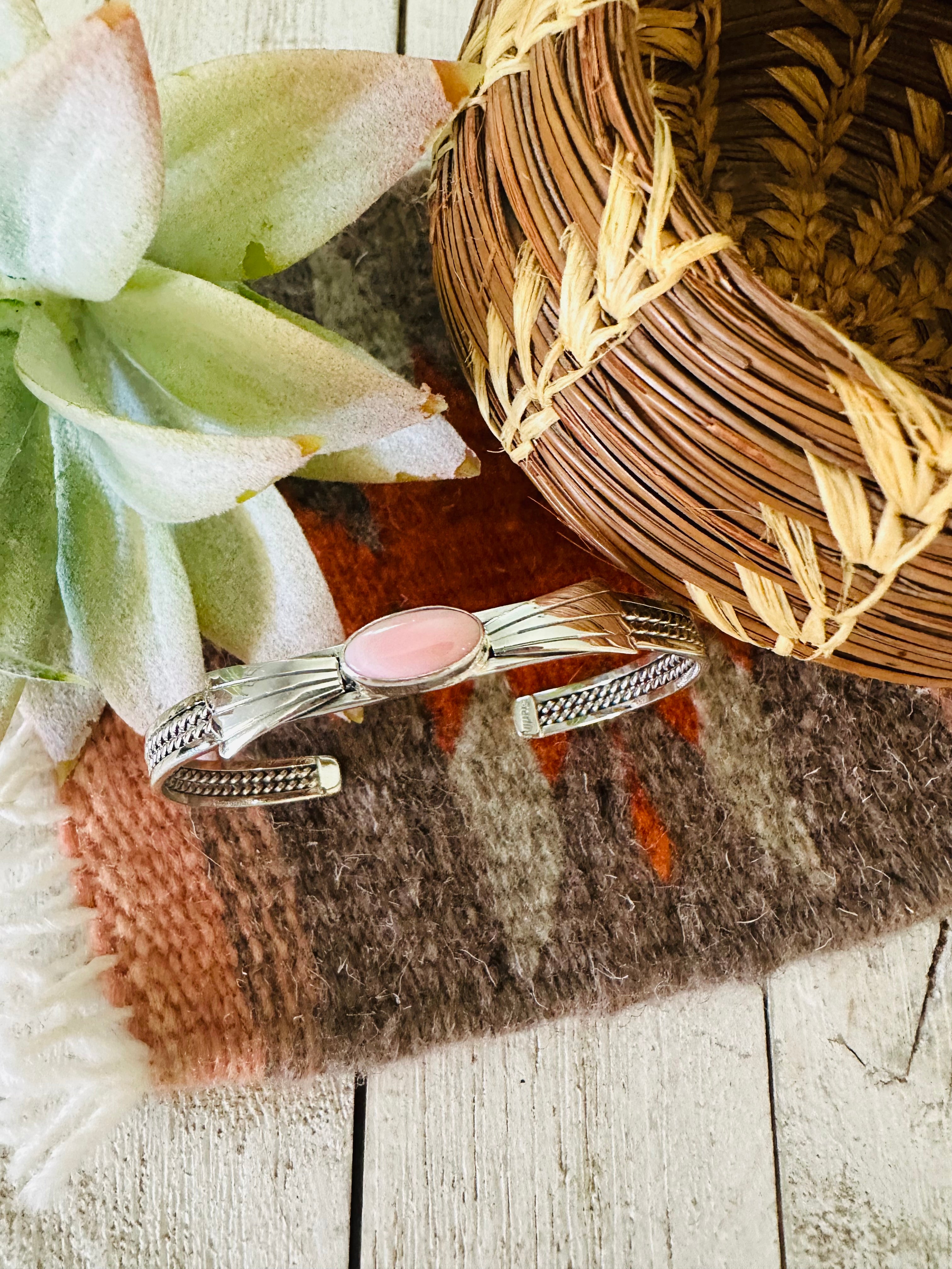 Navajo Queen Pink Conch Shell & Sterling Silver Cuff Bracelet