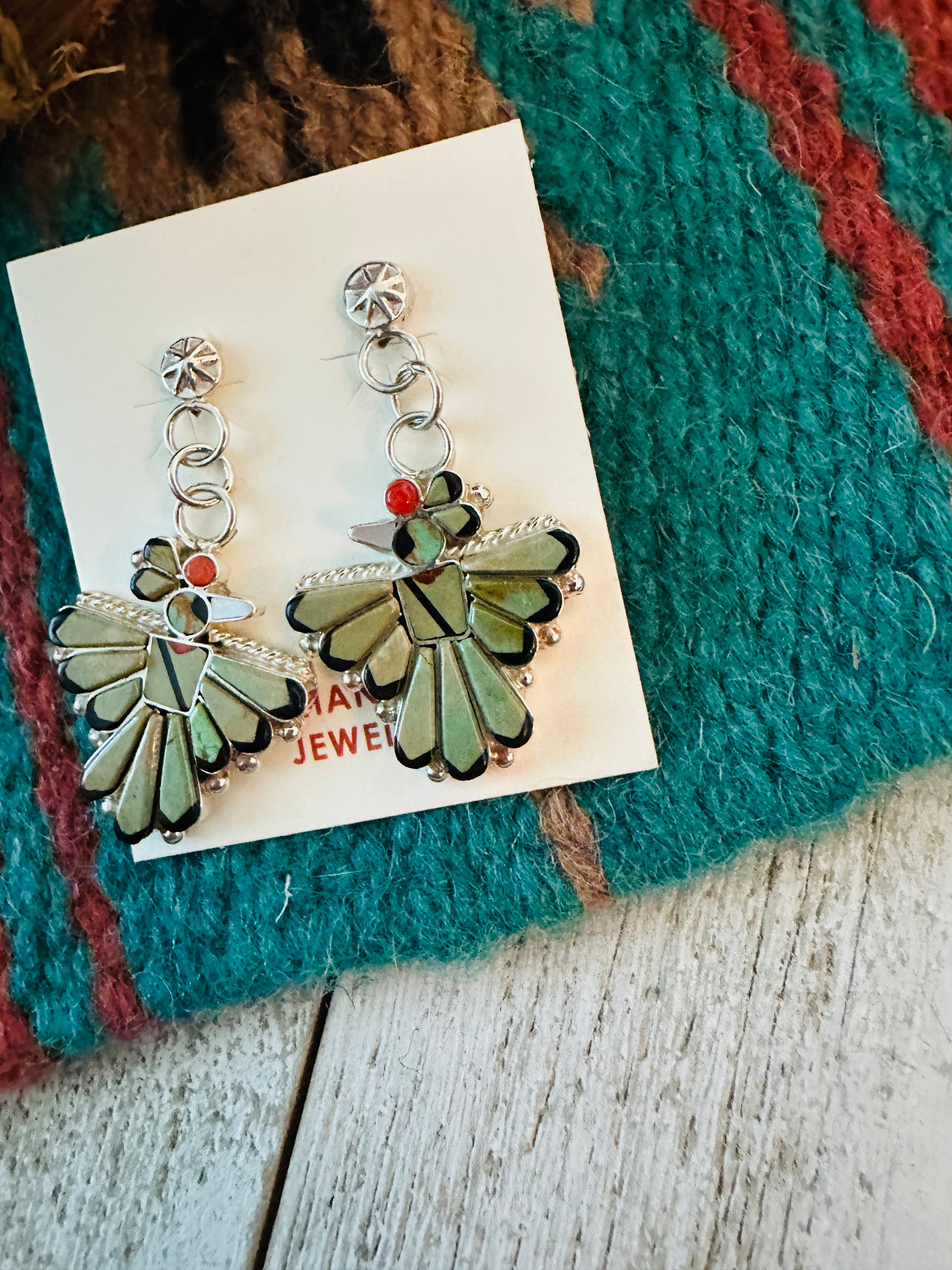 Handcrafted Multi Stone & Sterling Silver Inlay Thunderbird Dangle Earrings