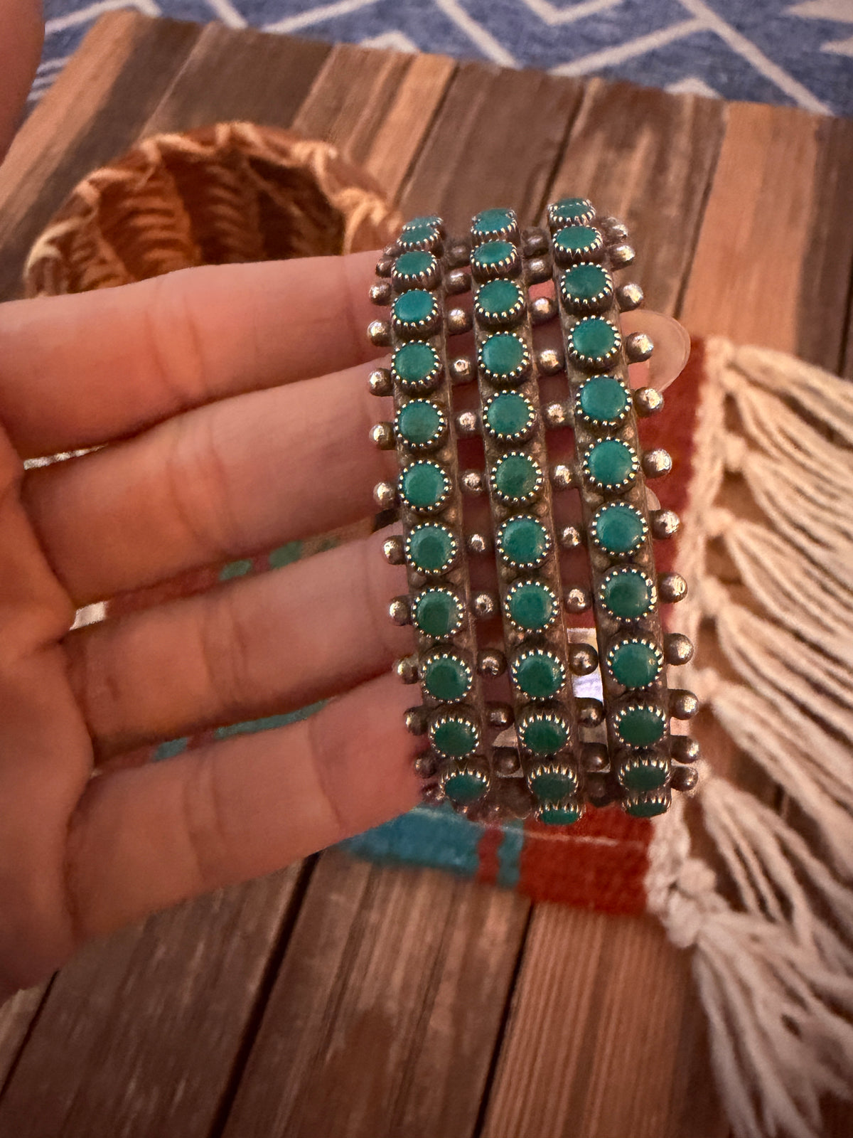 Handcrafted Old Pawn Sterling Silver & Turquoise Petit Point Cuff Bracelet