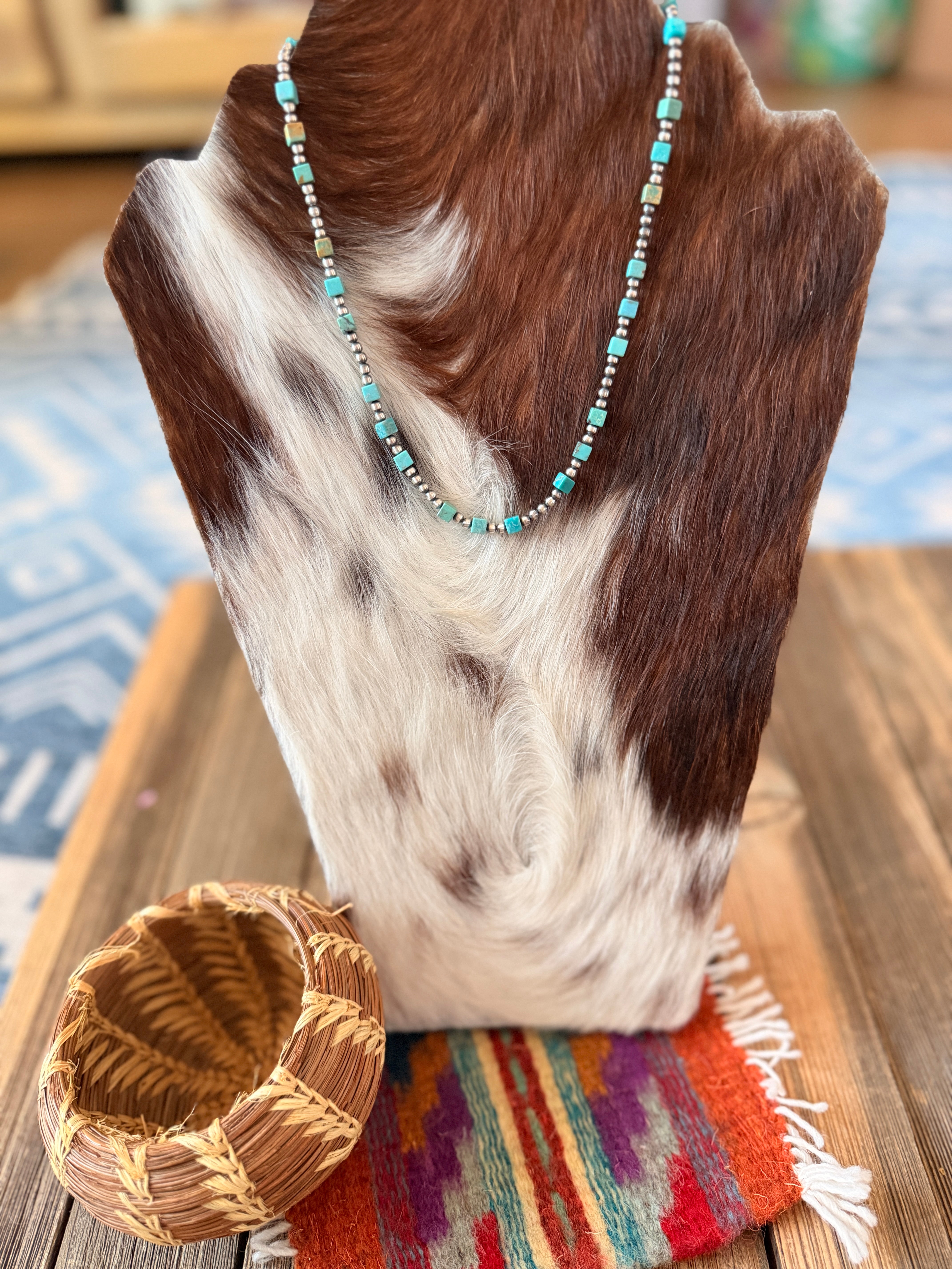 Handcrafted Turquoise & Sterling Silver Beaded 16” Necklace