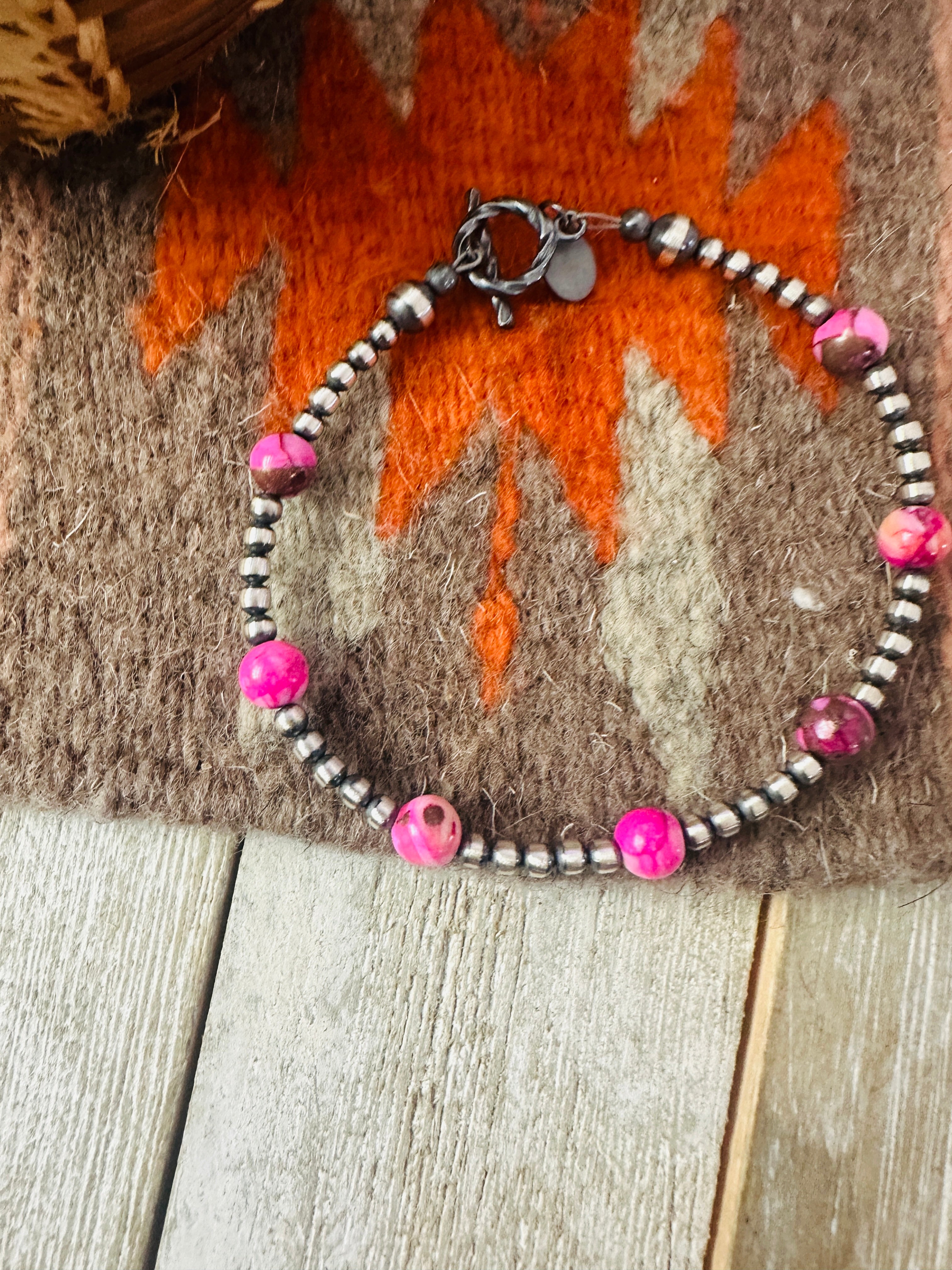 Handcrafted Pink Mojave and Sterling Silver Pearl Beaded Bracelet
