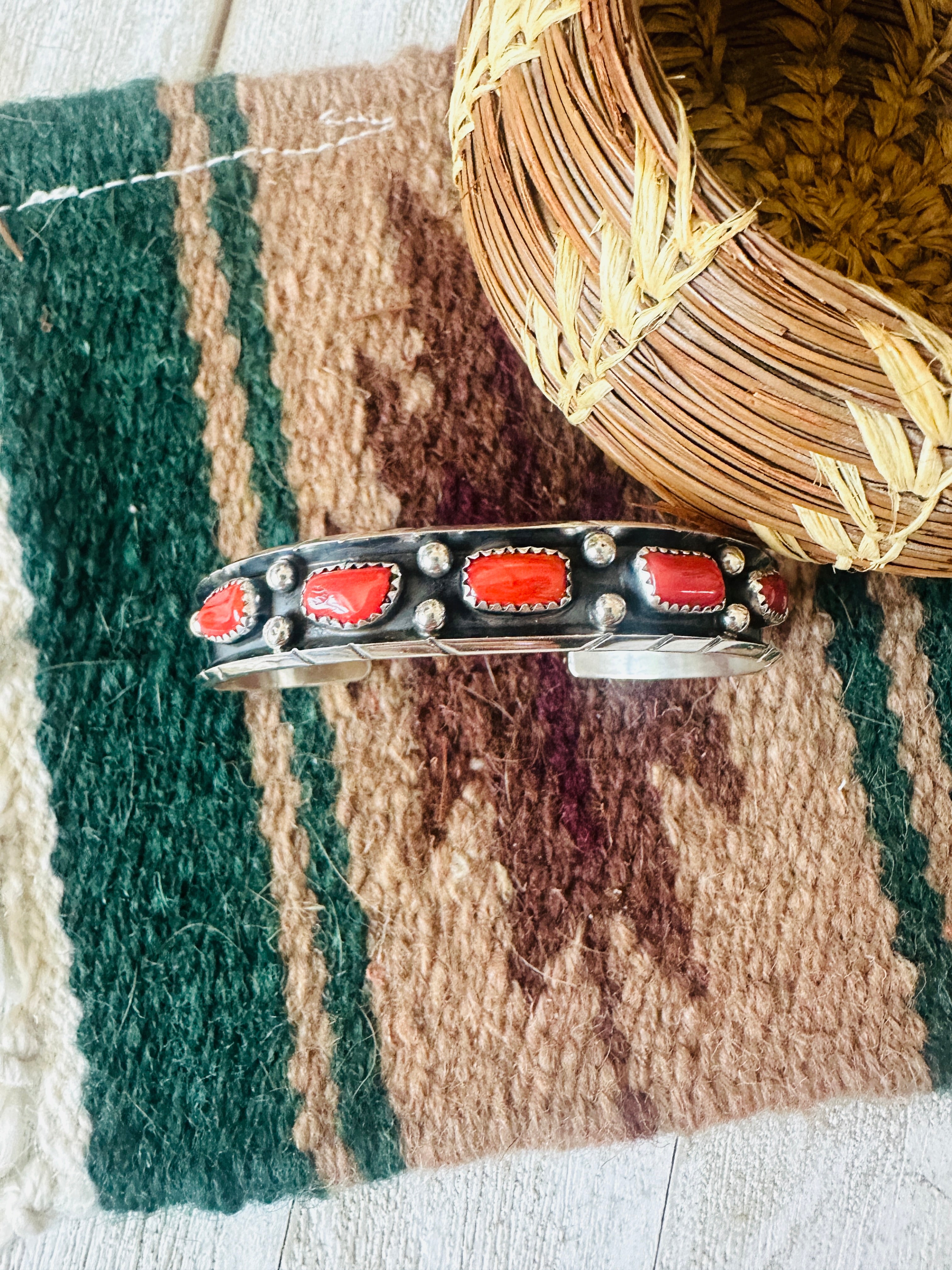 Navajo Coral & Sterling Silver Cuff Bracelet