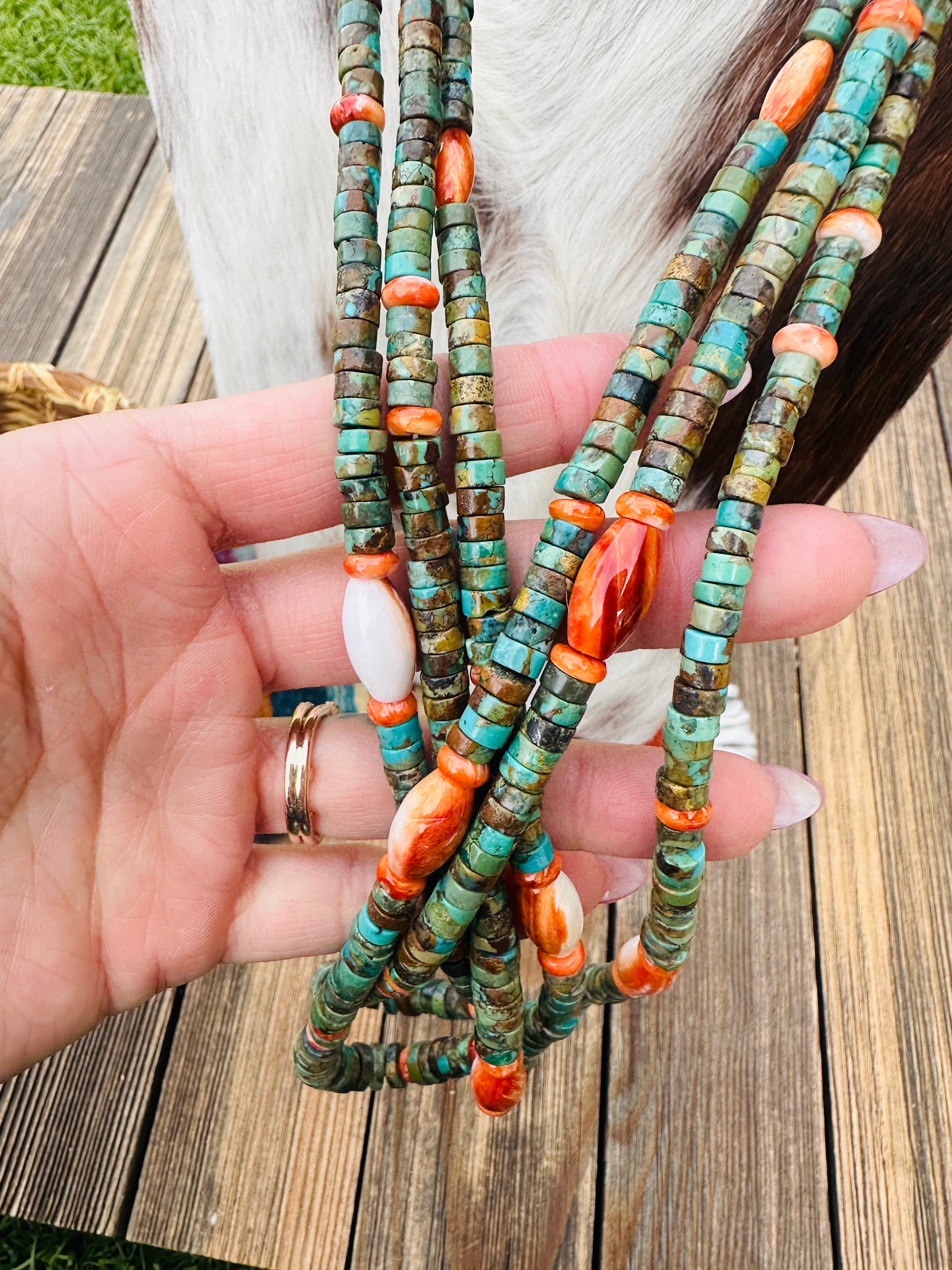 Handcrafted Turquoise, Spiny & Heishi Triple Strand Beaded Necklace