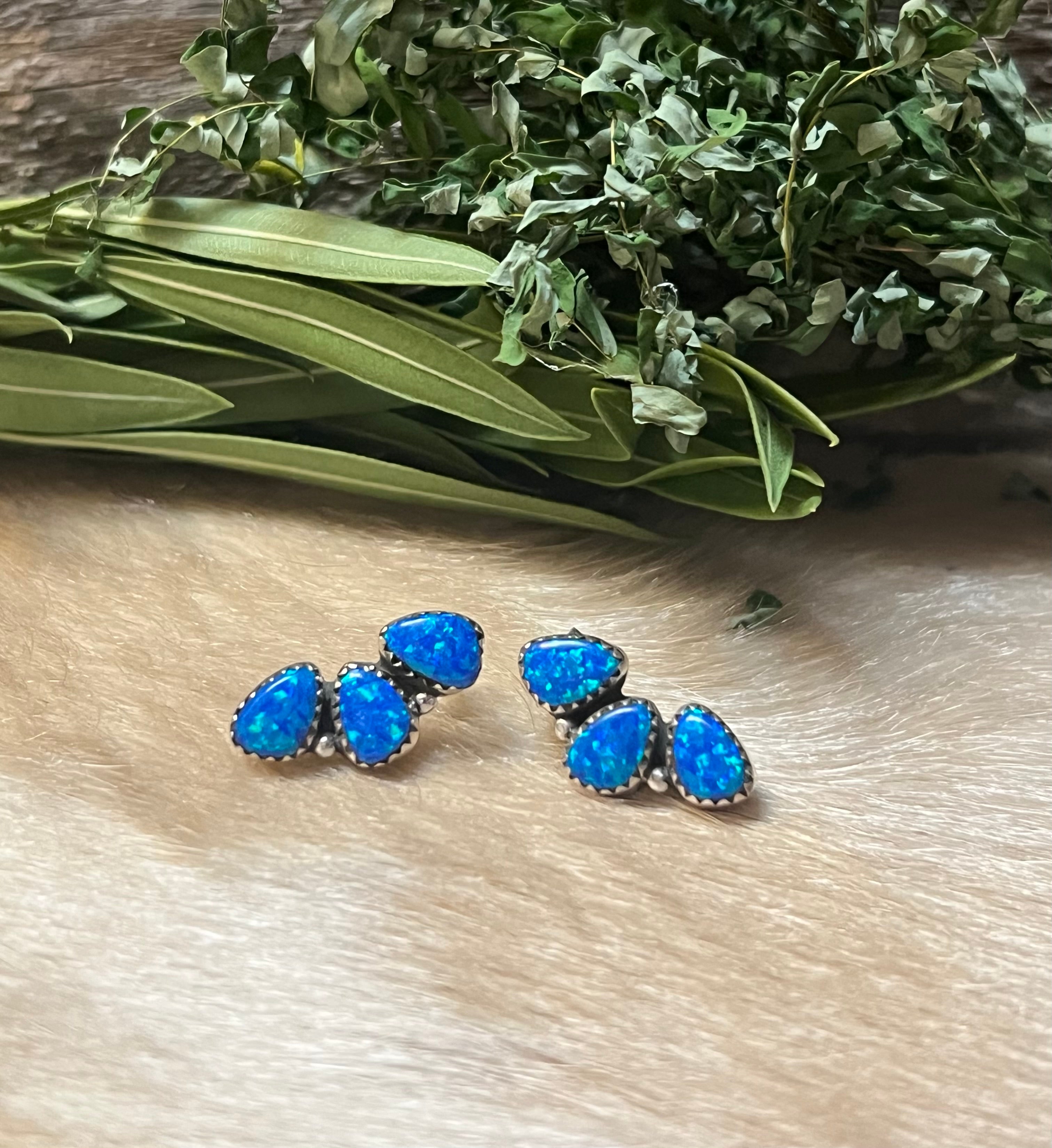 Handmade Blue Opal Tear Drop & Sterling Silver Stud Earrings