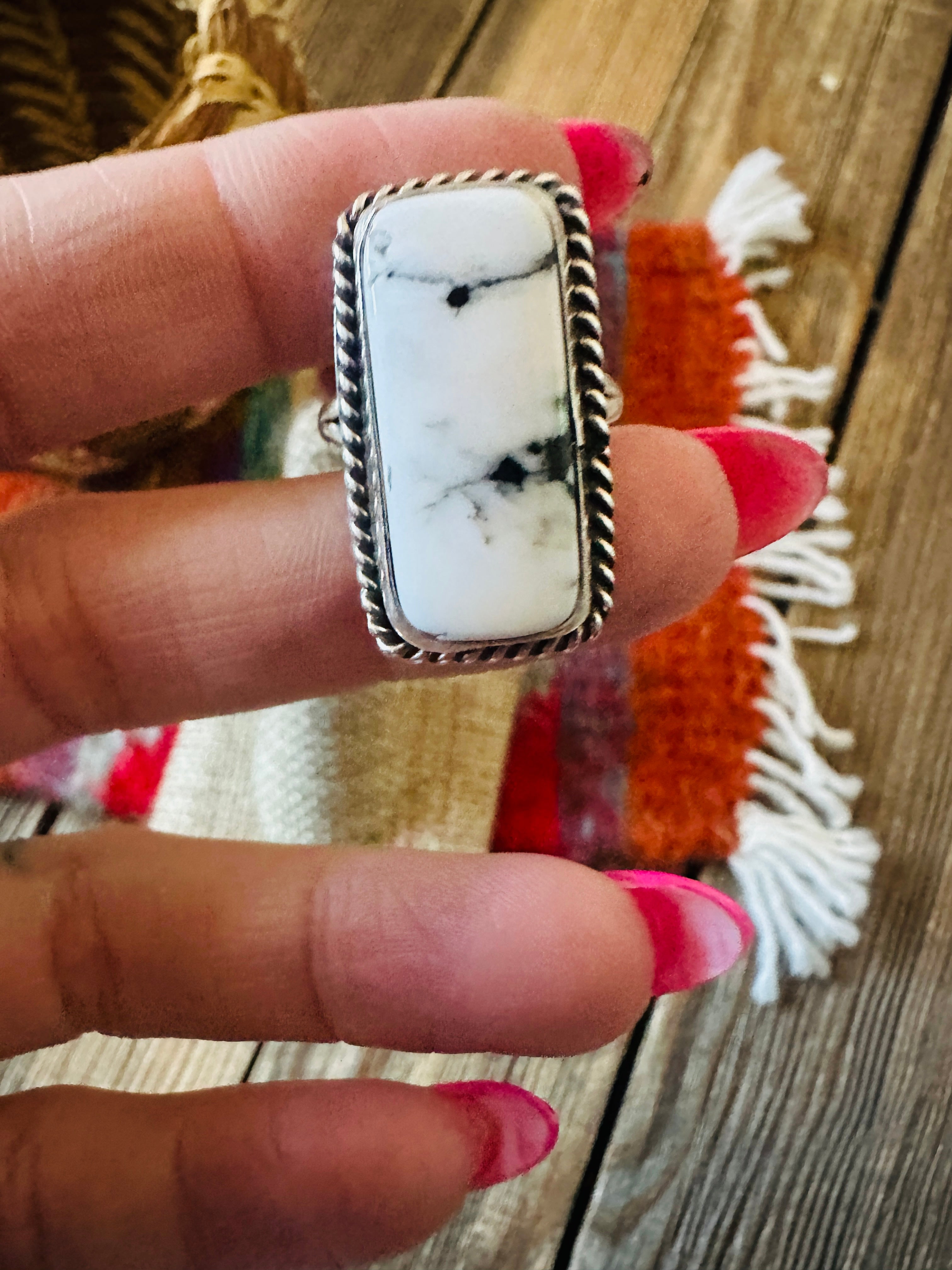 Handcrafted White Buffalo & Sterling Silver Ring Size 6.75