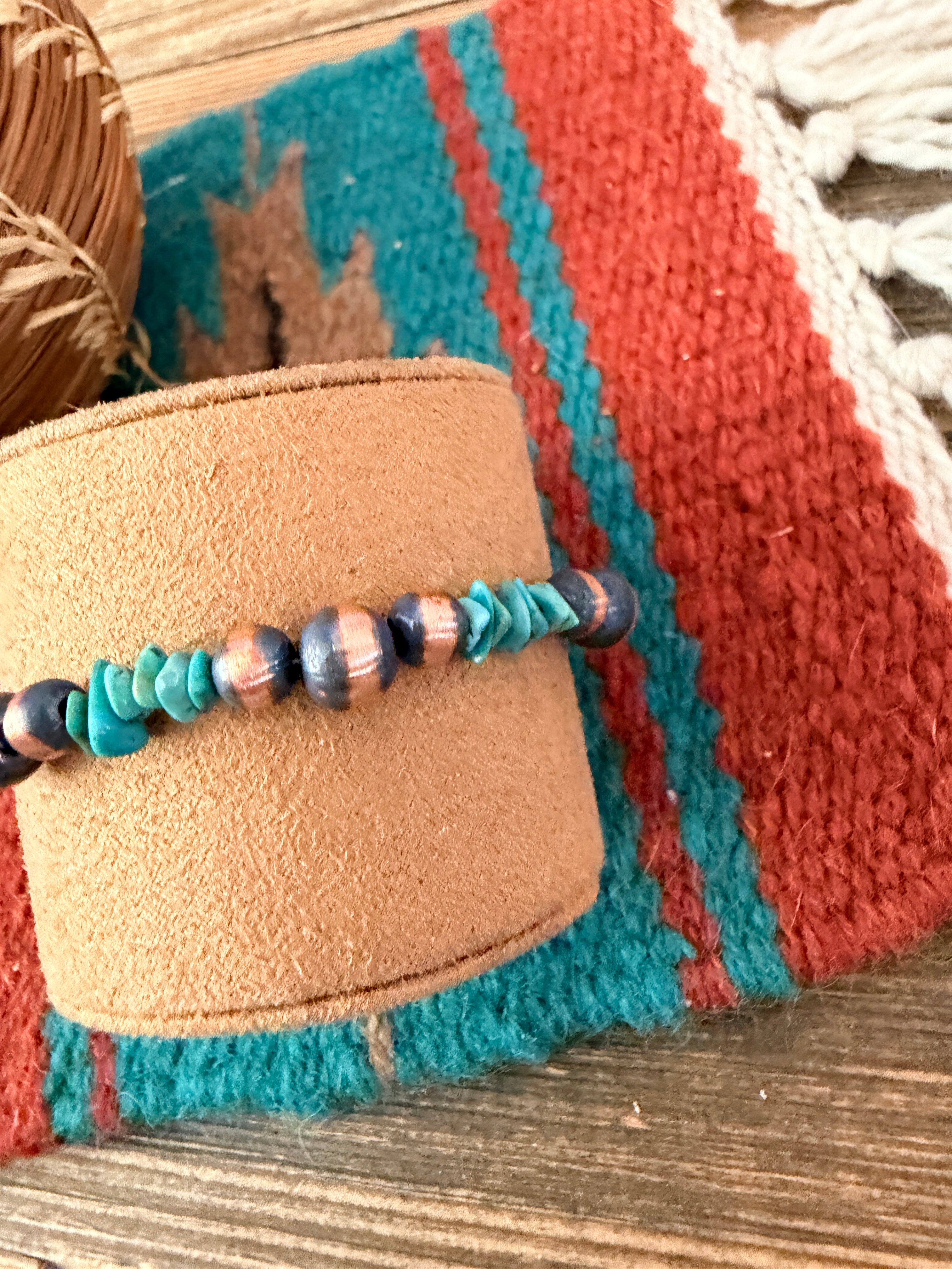 Handcrafted Turquoise & Copper Beaded Bracelet 7.5”