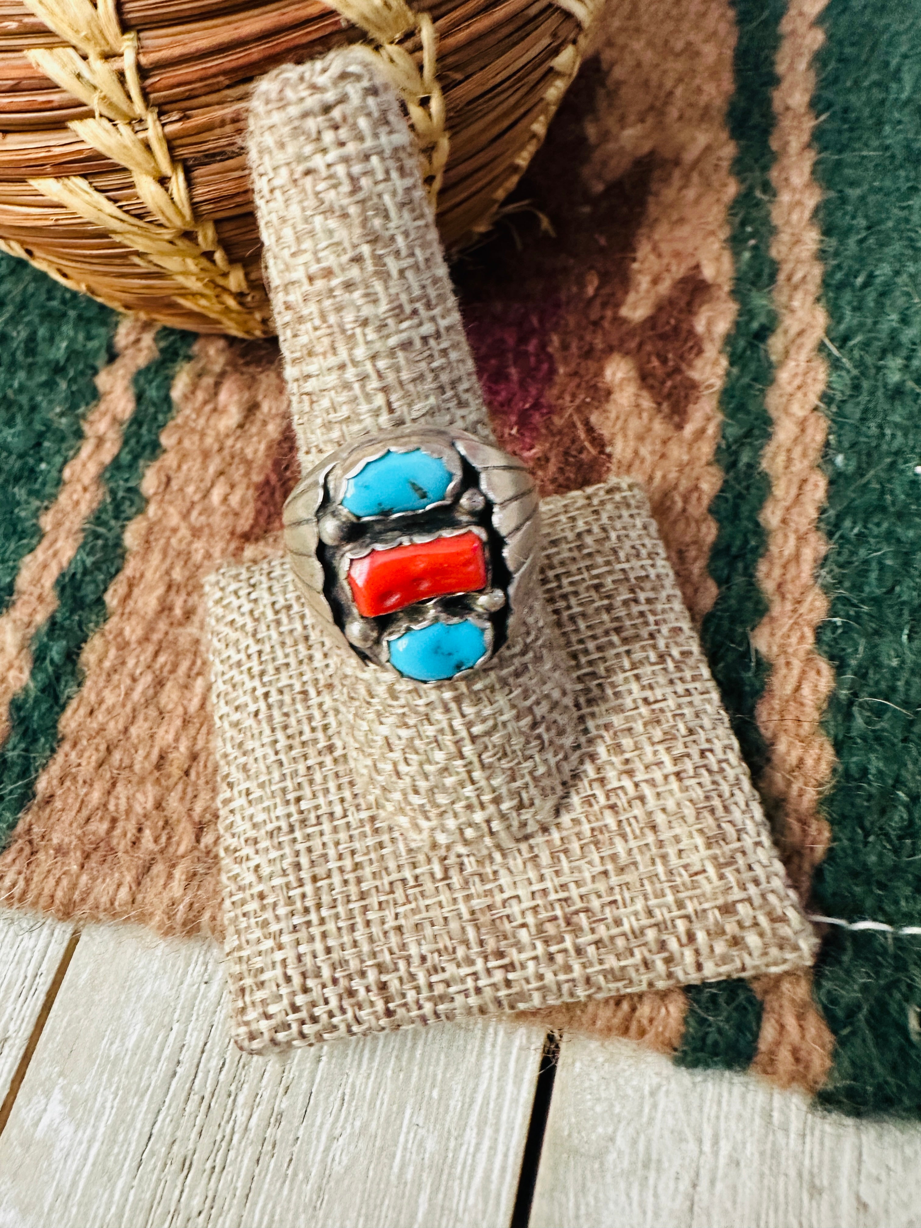 Old Pawn Handcrafted Turquoise, Coral & Sterling Silver Ring Size 8.5