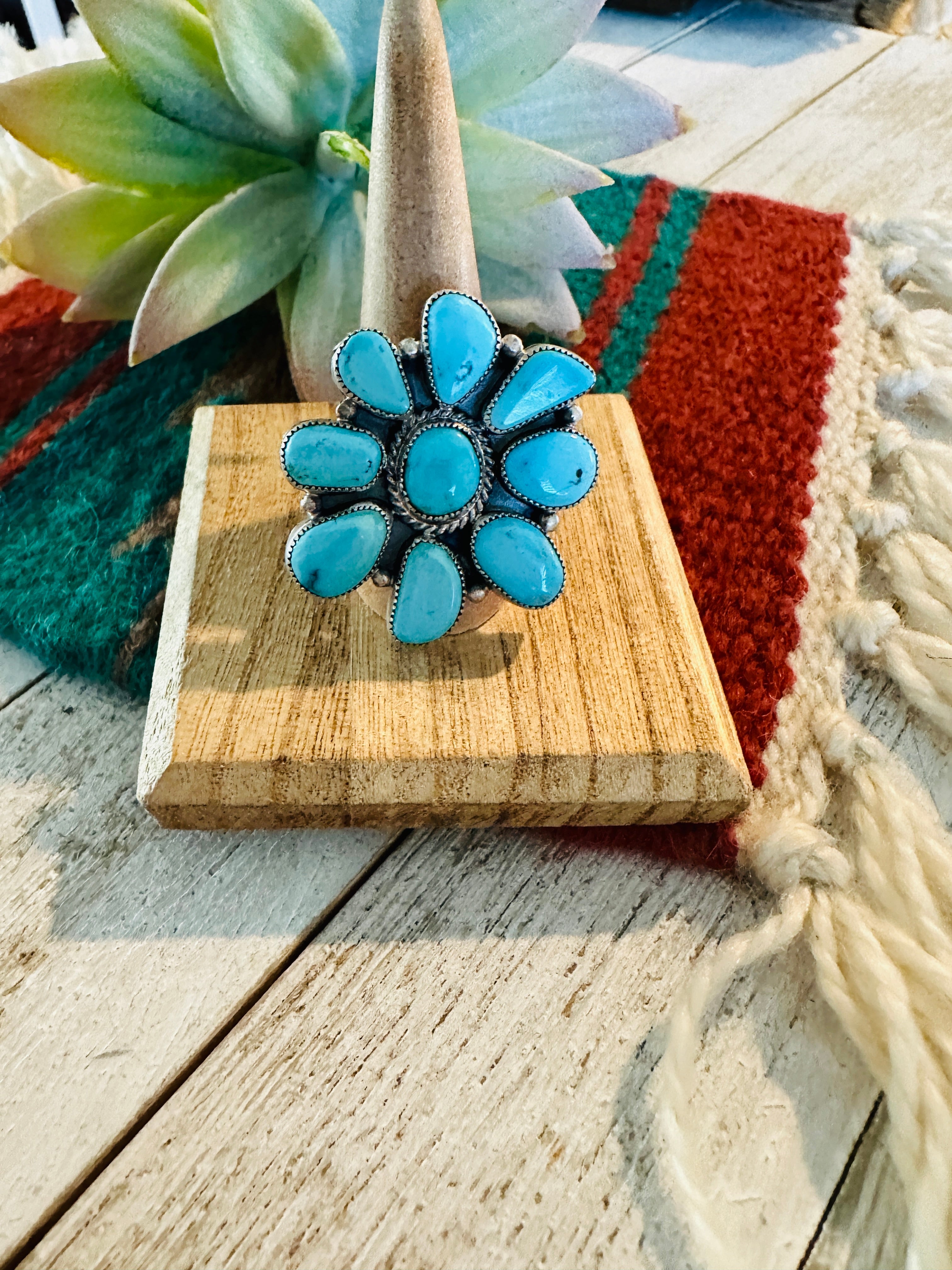 Navajo Turquoise & Sterling Silver Cluster Ring Size 10