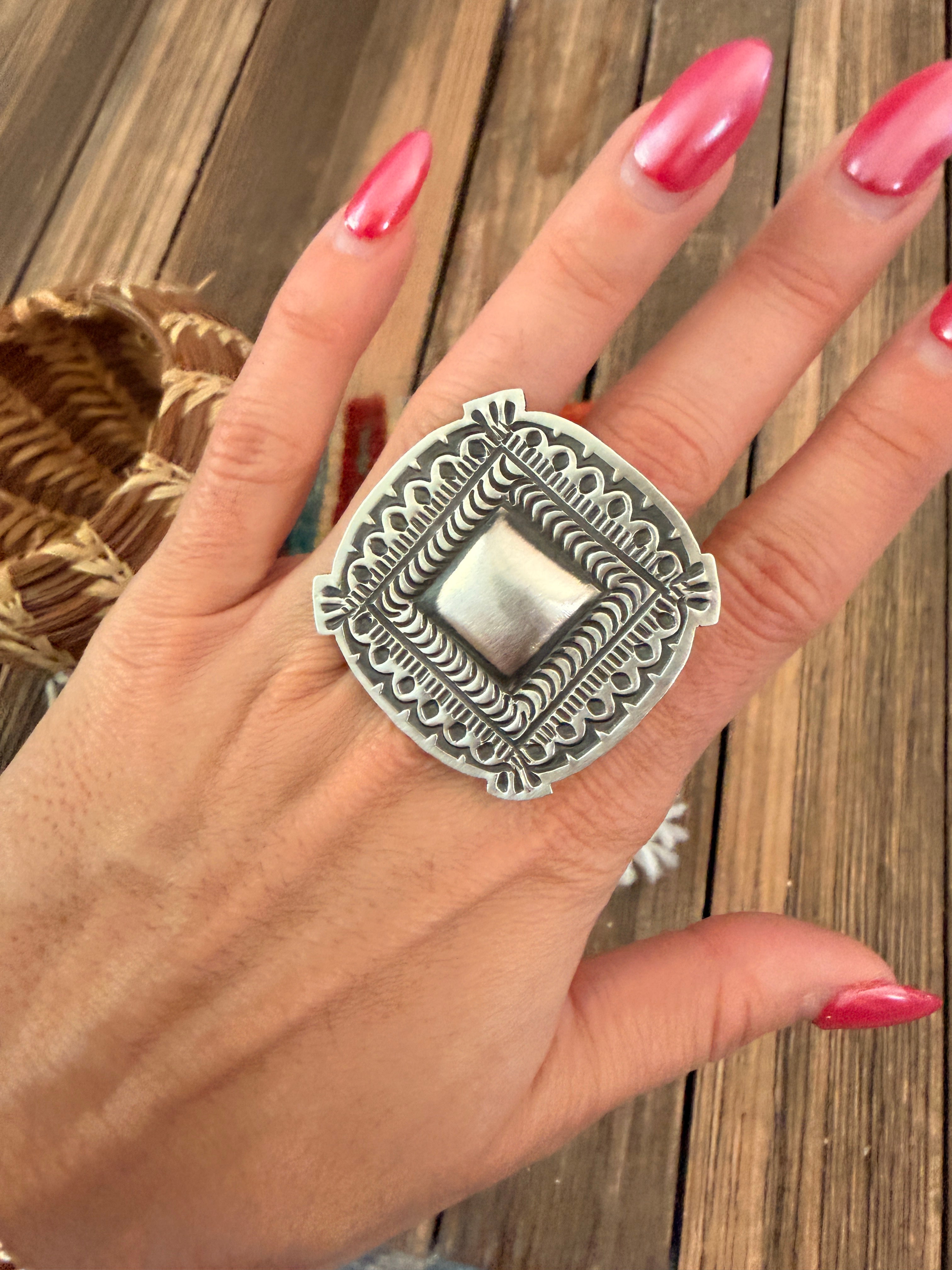 Handcrafted Sterling Silver Adjustable Concho Ring by Leander Tahe