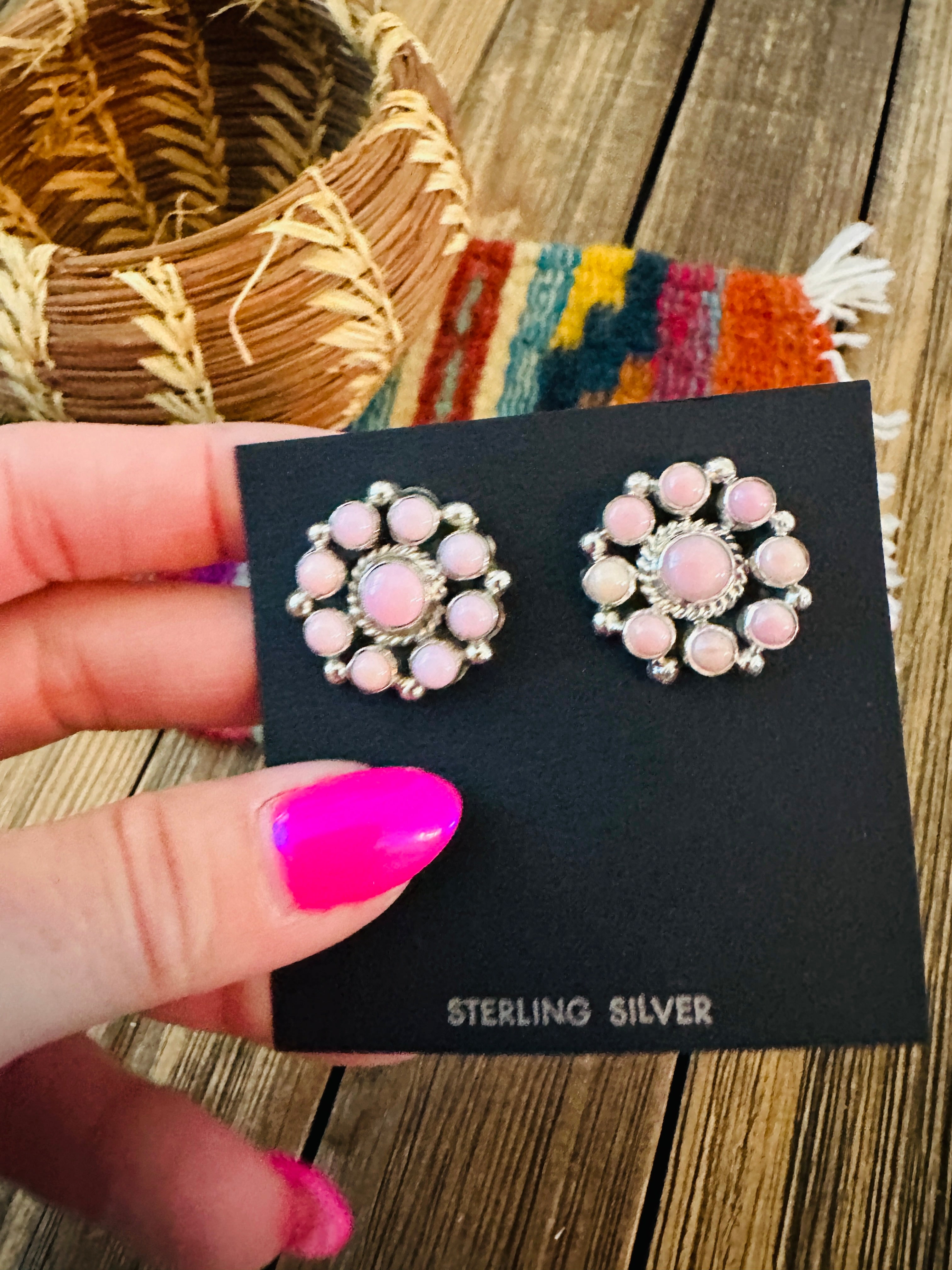 Handcrafted Queen Pink Conch & Sterling Silver Cluster Post Earrings by Debra Smith