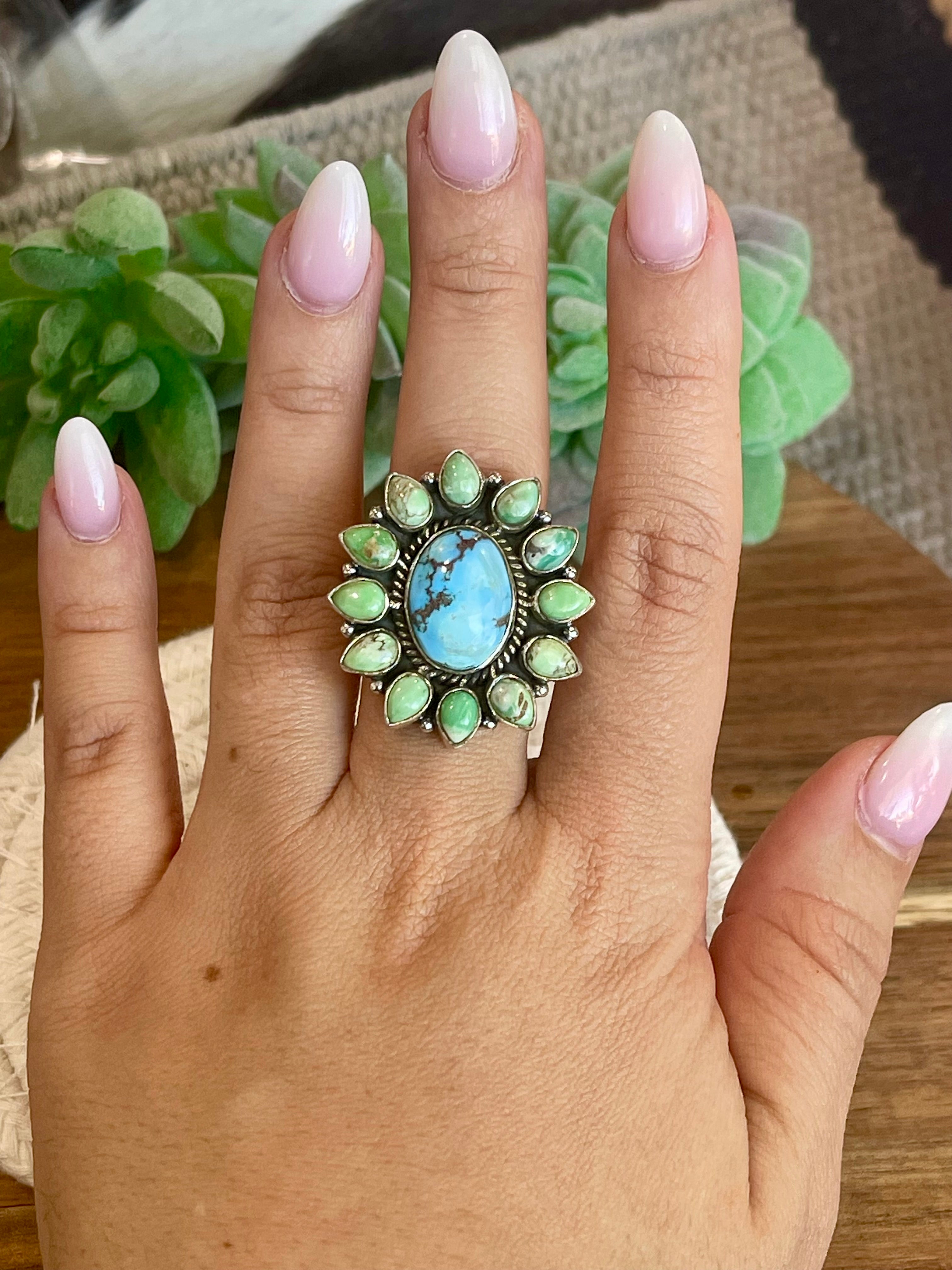 Beautiful Handmade Golden Hills, Turquoise And Sterling Silver Adjustable Ring