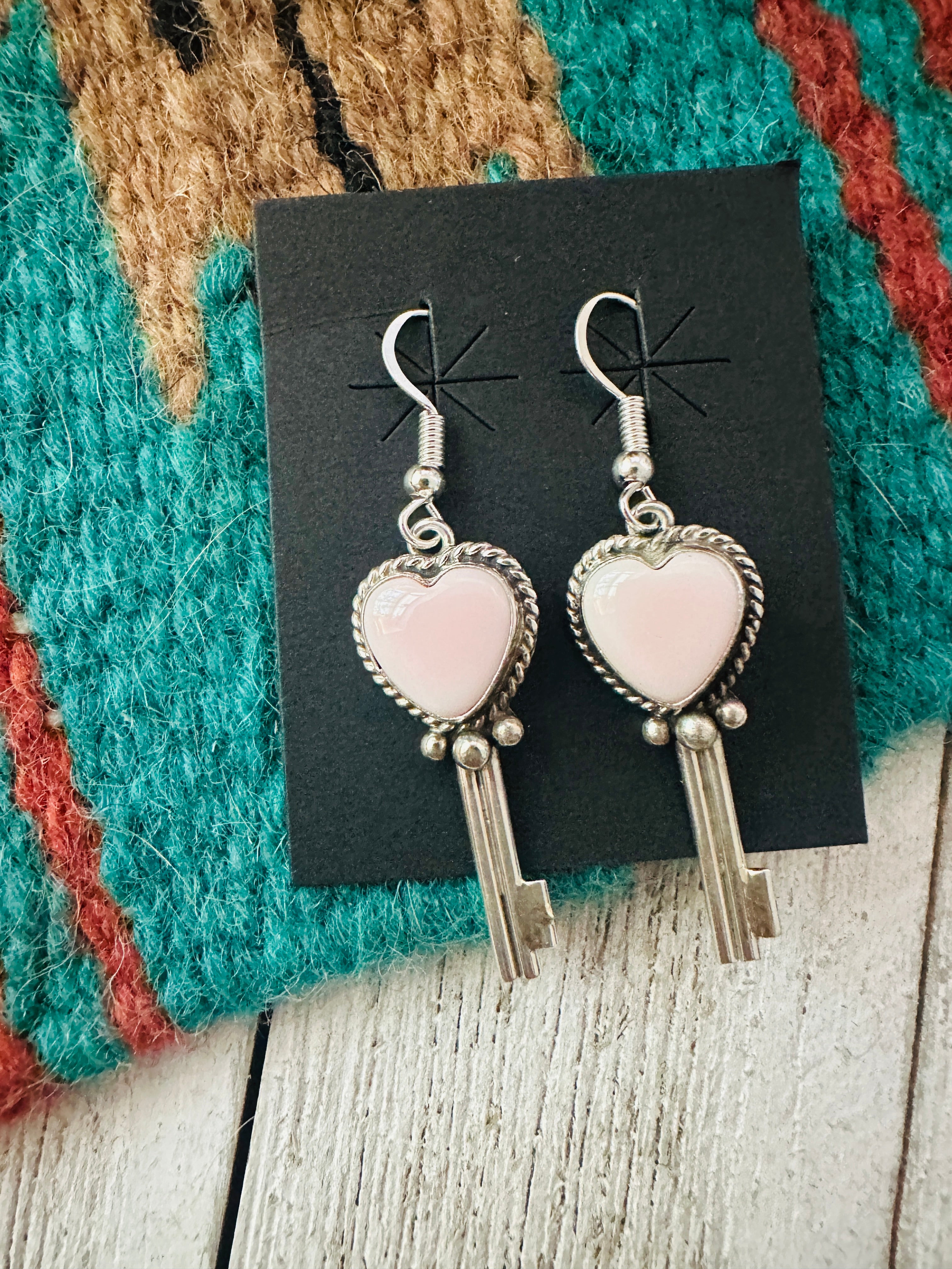 Navajo Queen Pink Conch & Sterling Silver Heart Dangle Earrings