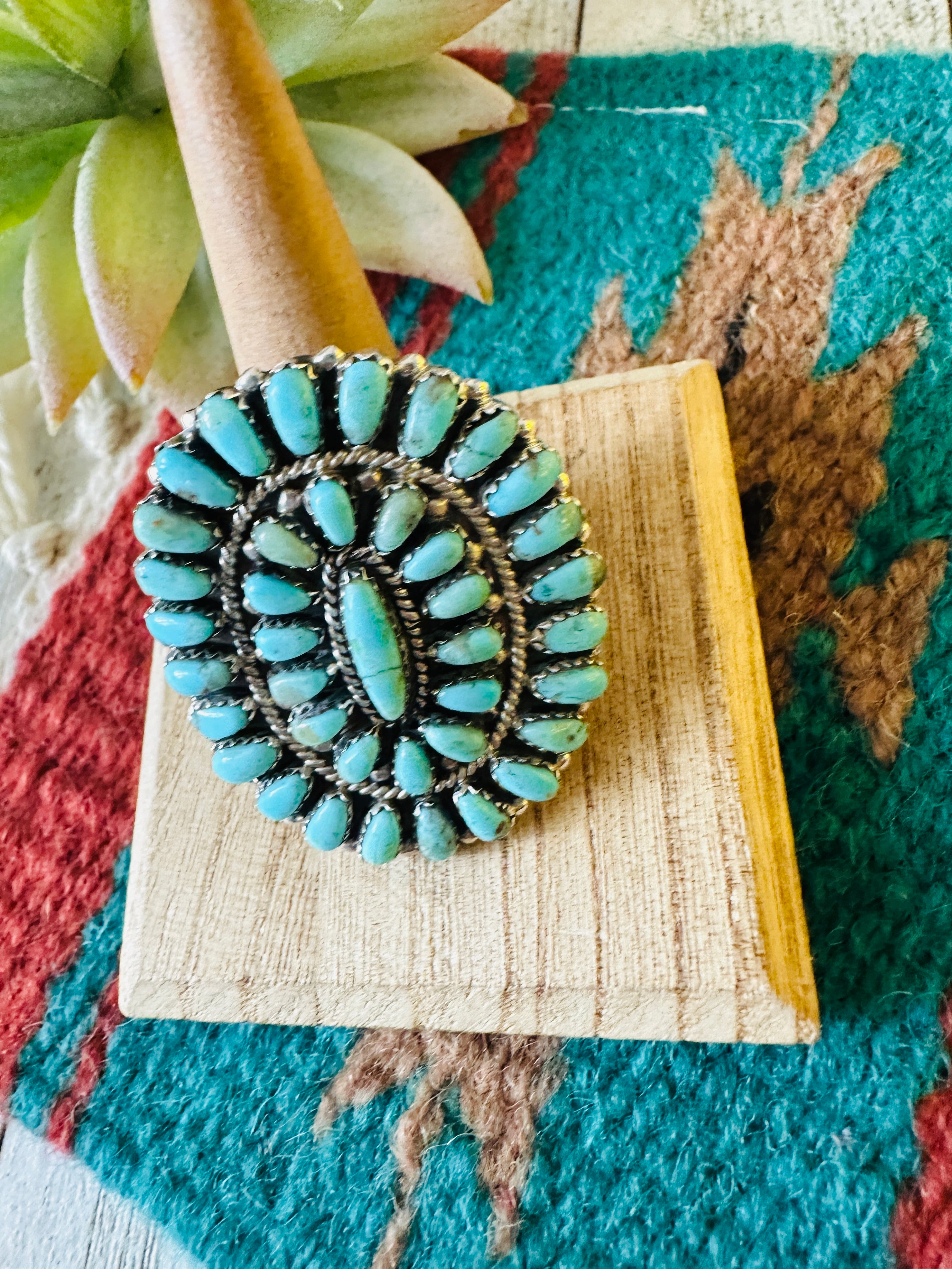 Navajo Turquoise & Sterling Silver Adjustable Cluster Ring