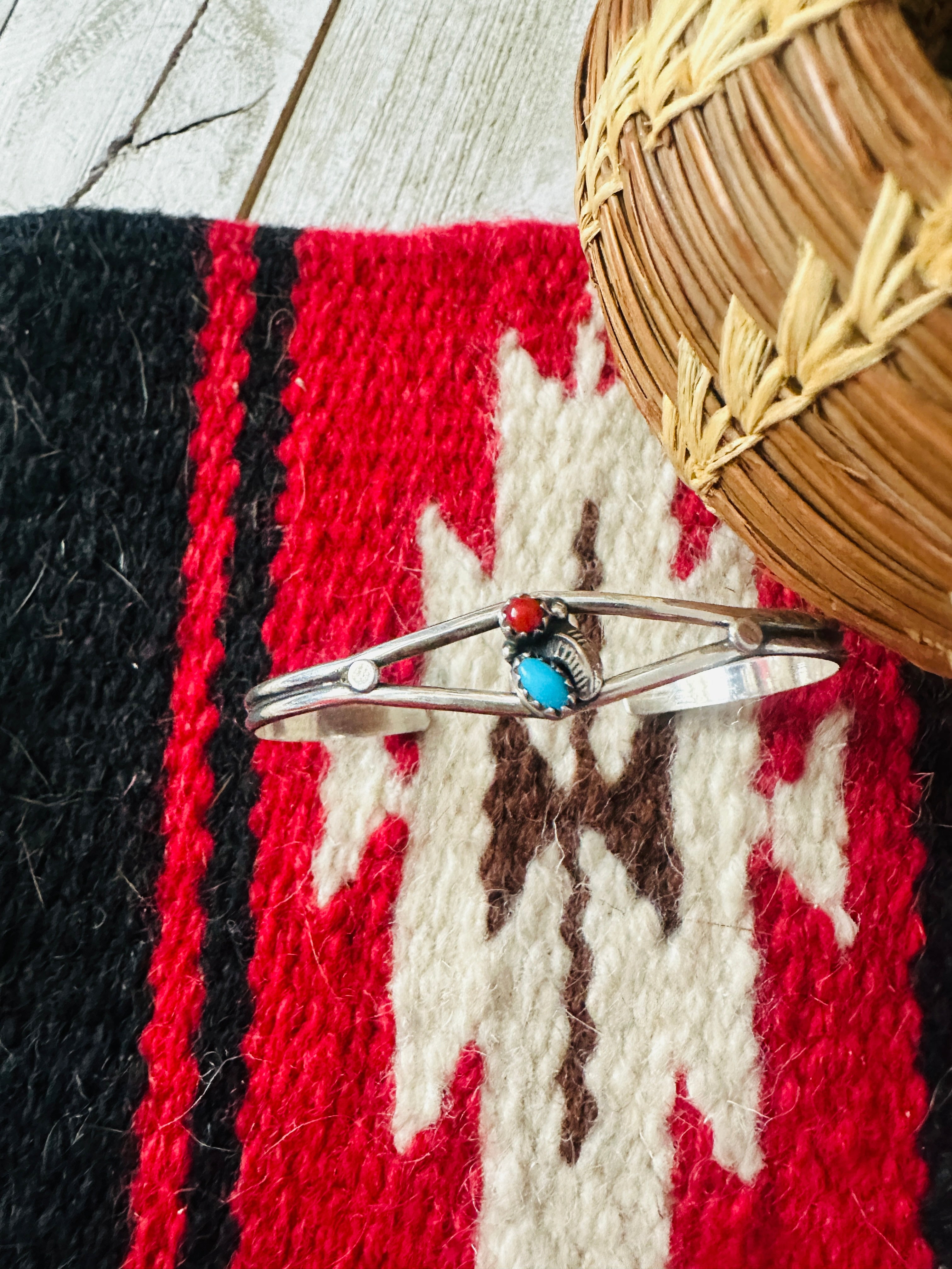 Navajo Turquoise, Coral & Sterling Silver Cuff Bracelet