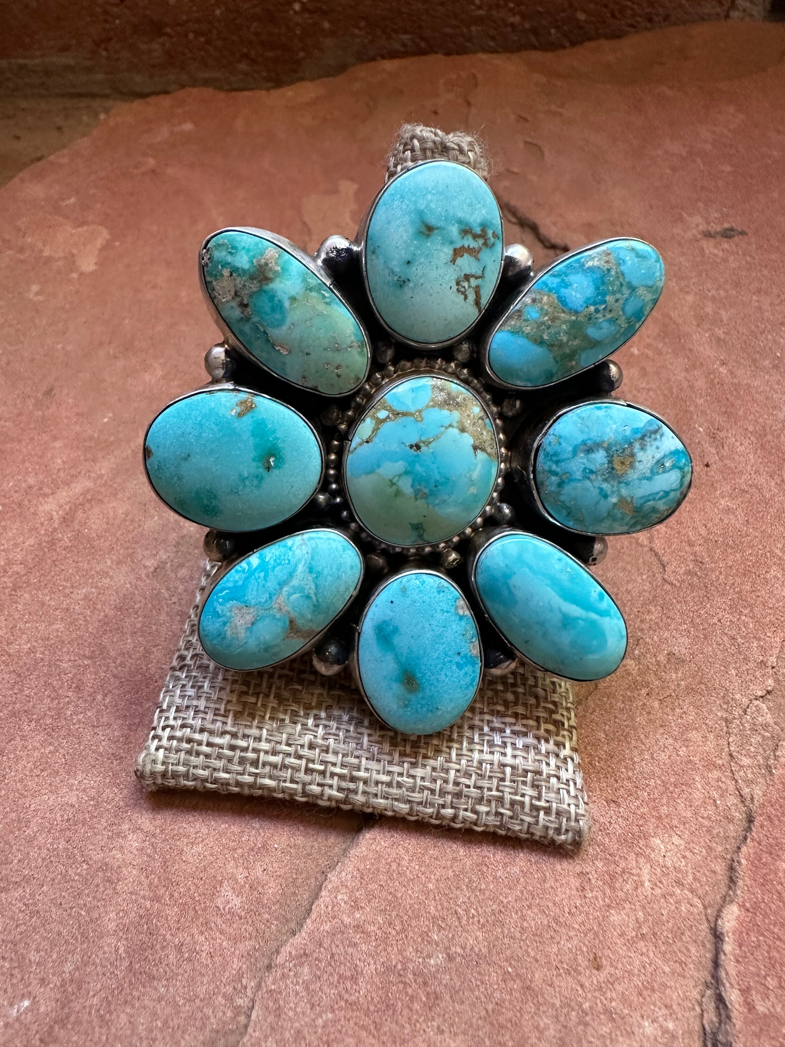 Beautiful Navajo Sterling Silver & Golden Hills Turquoise Statement Ring Size 9.5 Signed Travis J