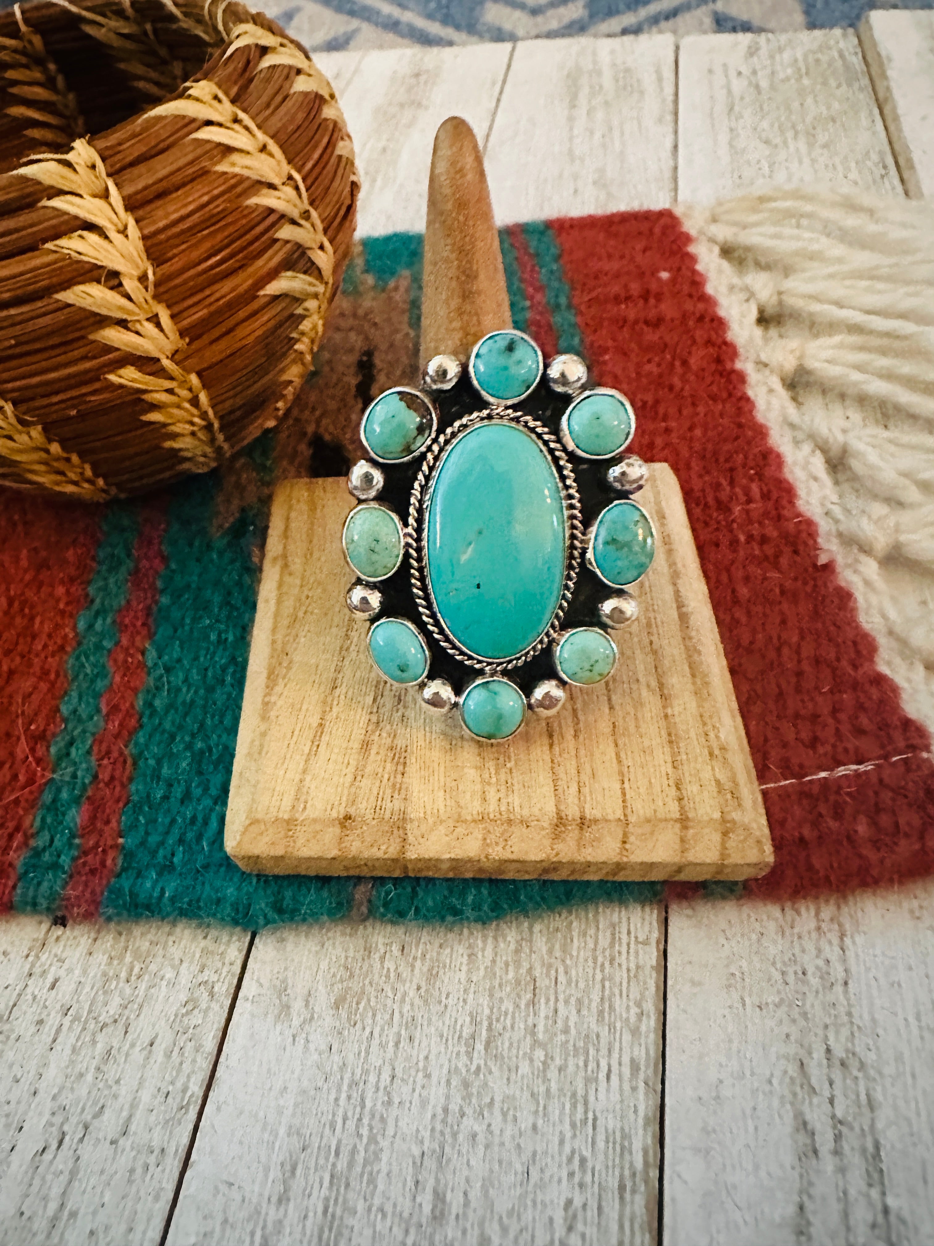 Navajo Sterling Silver & Turquoise Cluster Adjustable Ring