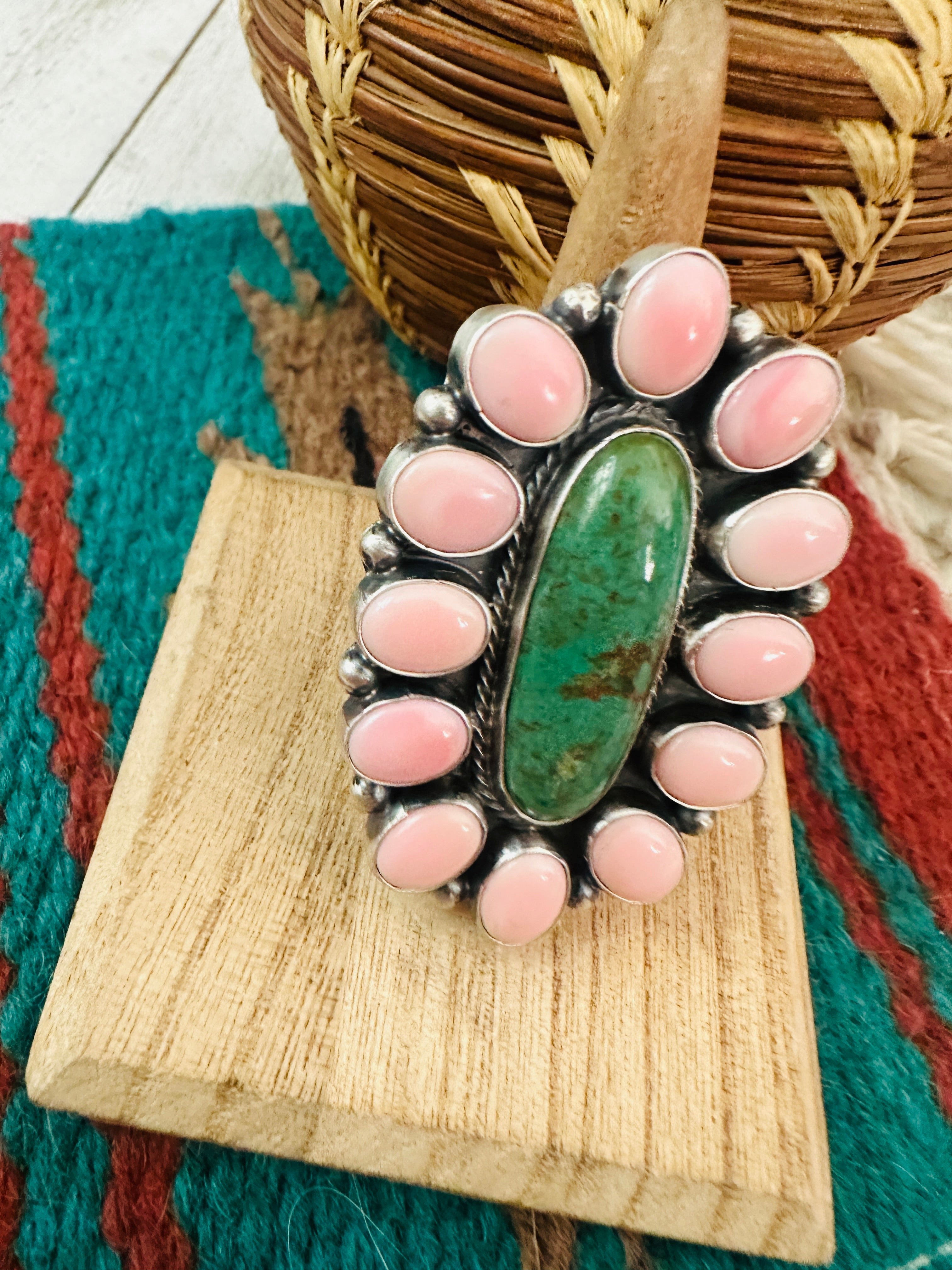 Navajo Sterling Silver, Queen Pink Conch Shell & Turquoise Cluster Ring Size 7