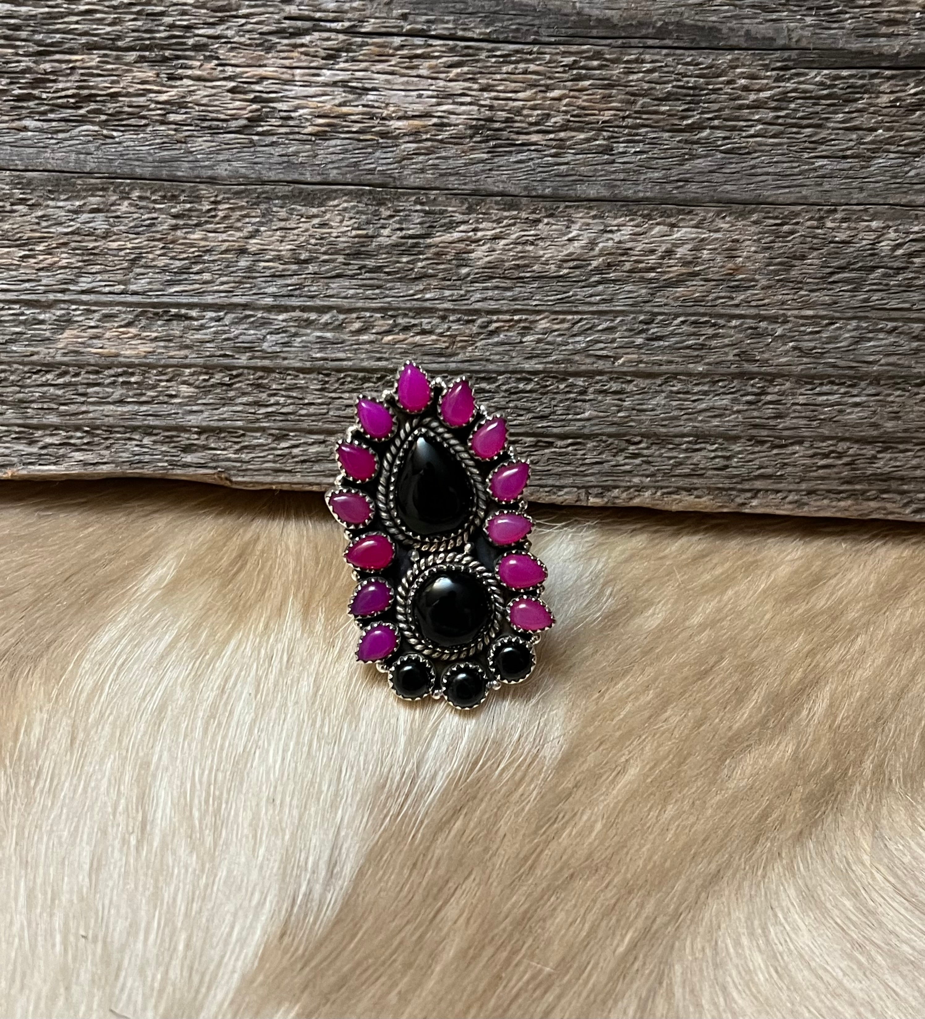 Handmade Pink & Black Onyx Sterling Silver Adjustable Ring