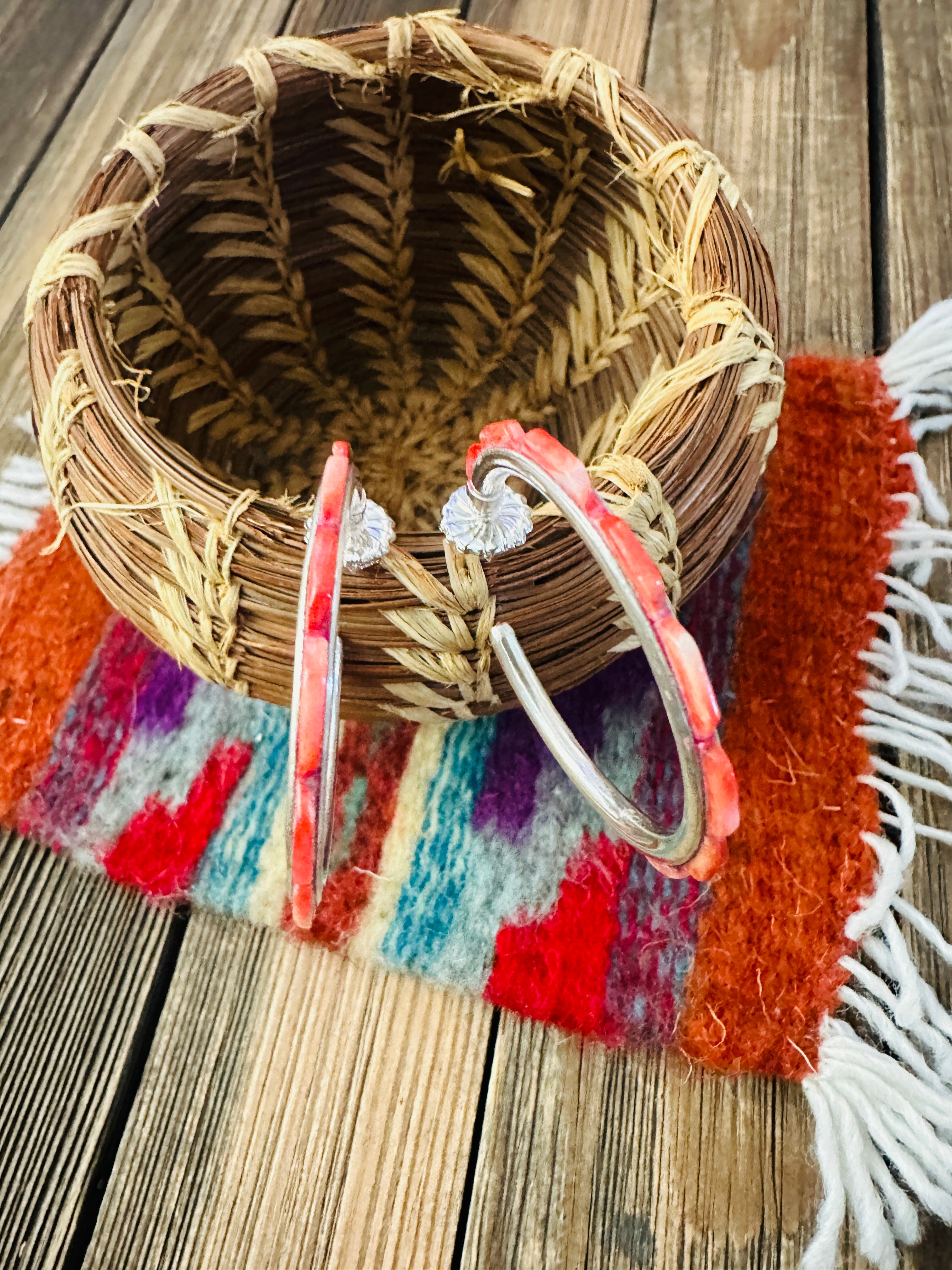 Handcrafted Spiny Oyster & Sterling Silver Hoop Earrings by Federico Jimenez