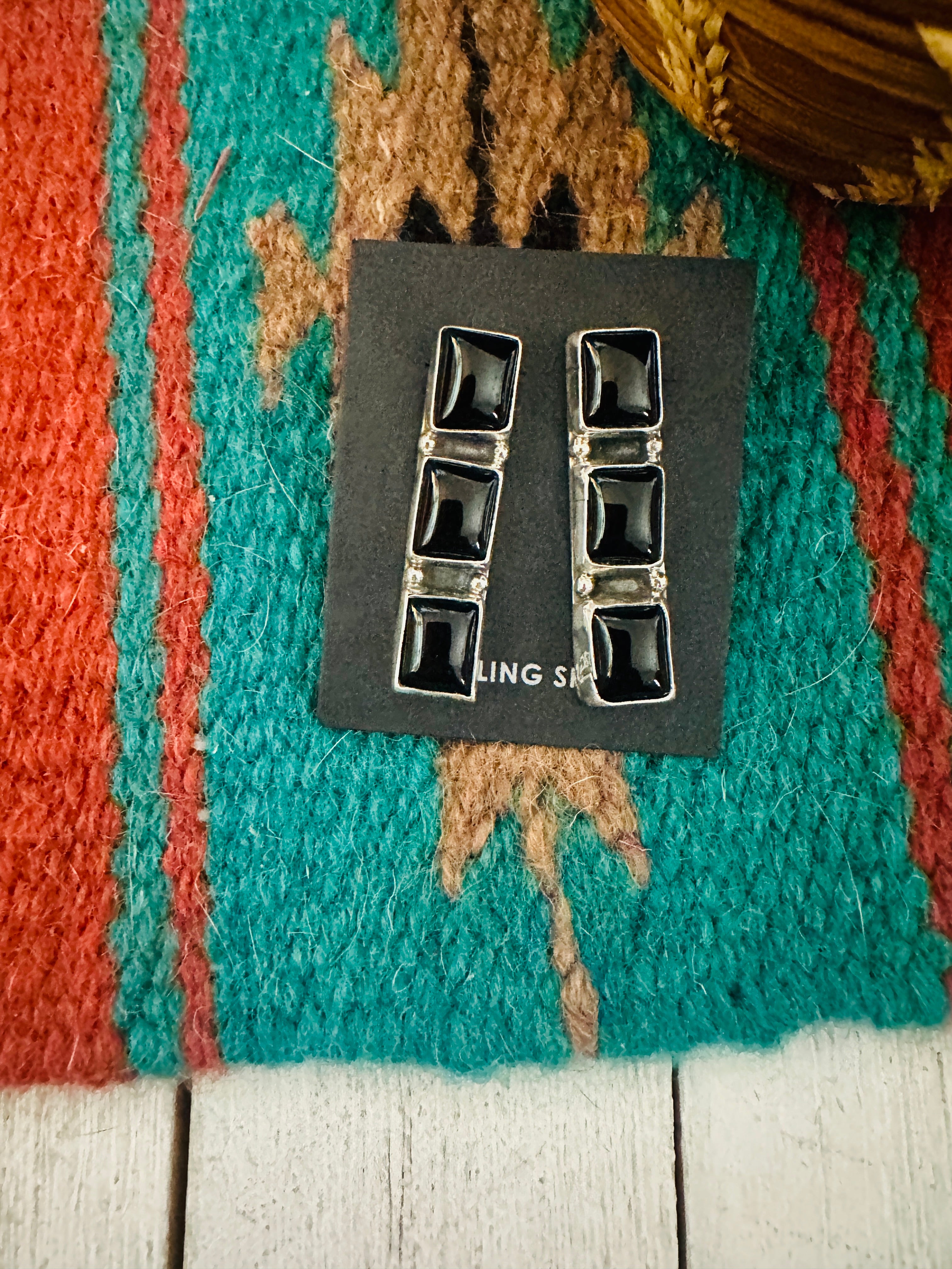 Navajo Onyx & Sterling Silver Post Earrings