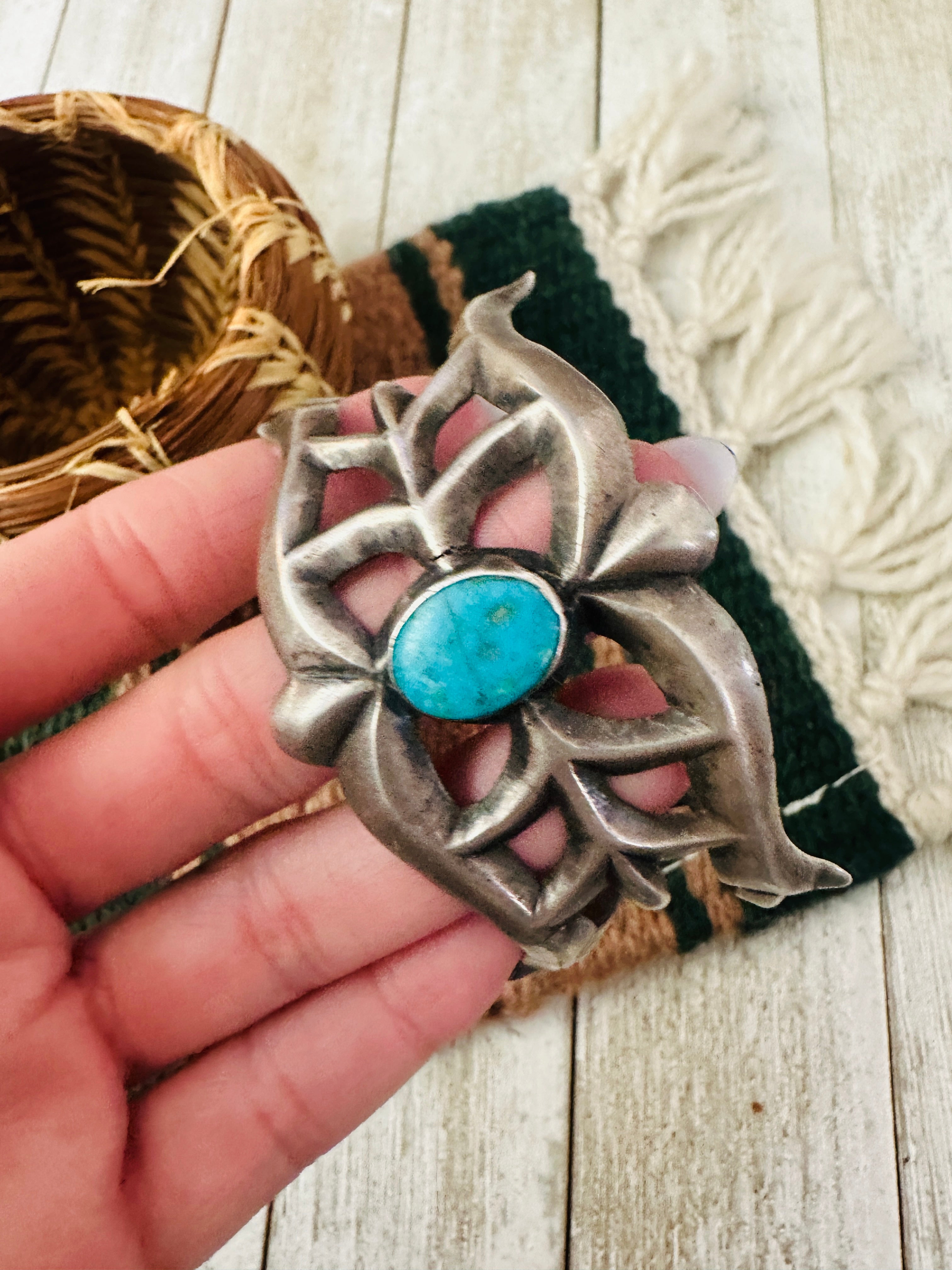 Handcrafted Old Pawn Turquoise & Sterling Silver Cuff Bracelet