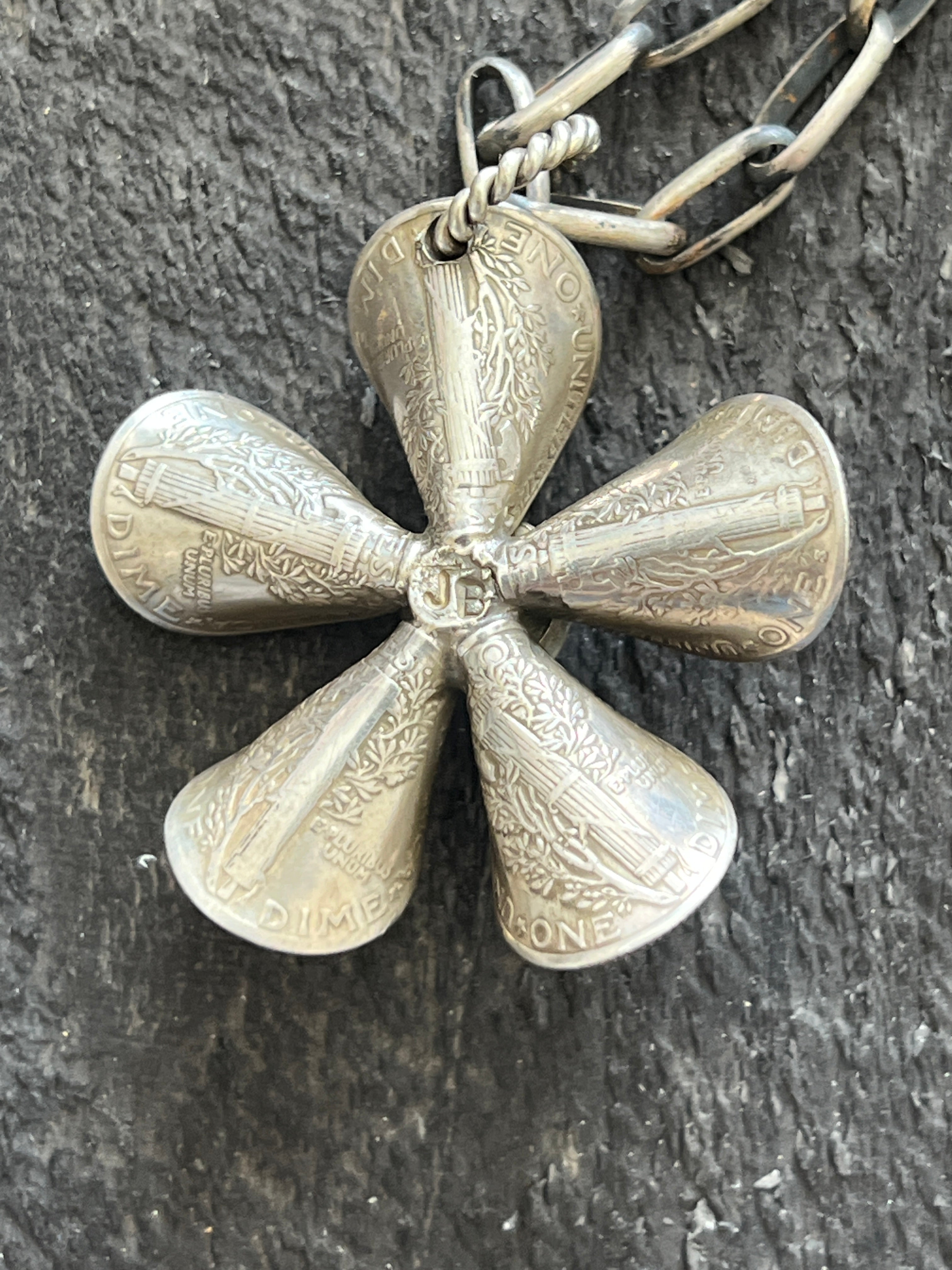 Handcrafted Sterling and Coin Silver Mercury Dime Flower Pendant with Turquoise on Handmade Chain by James Begay
