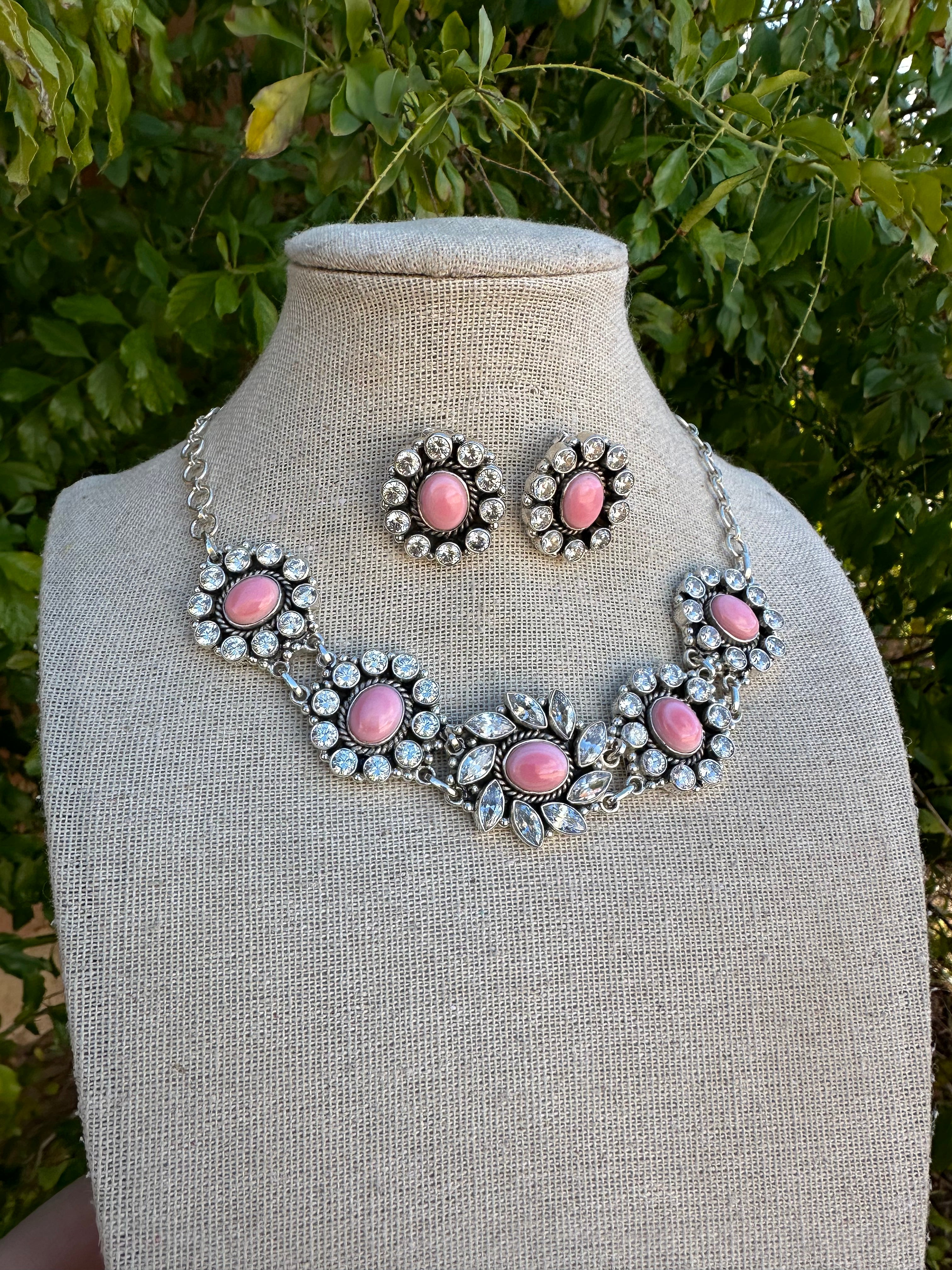 Handmade Sterling Silver, CZ & Pink Conch Choker Necklace Set