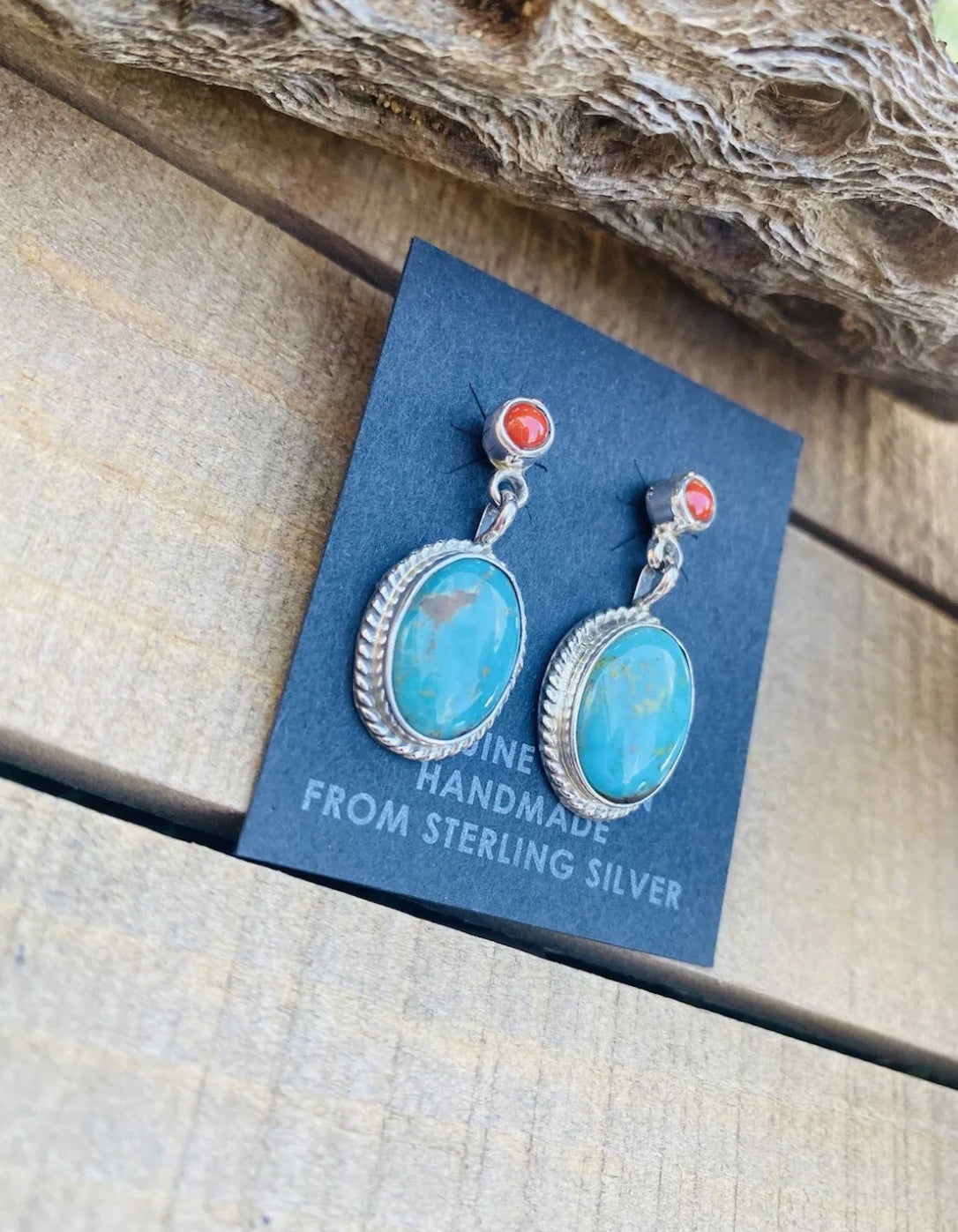 Navajo Turquoise, Coral & Sterling Silver Dangle Earrings