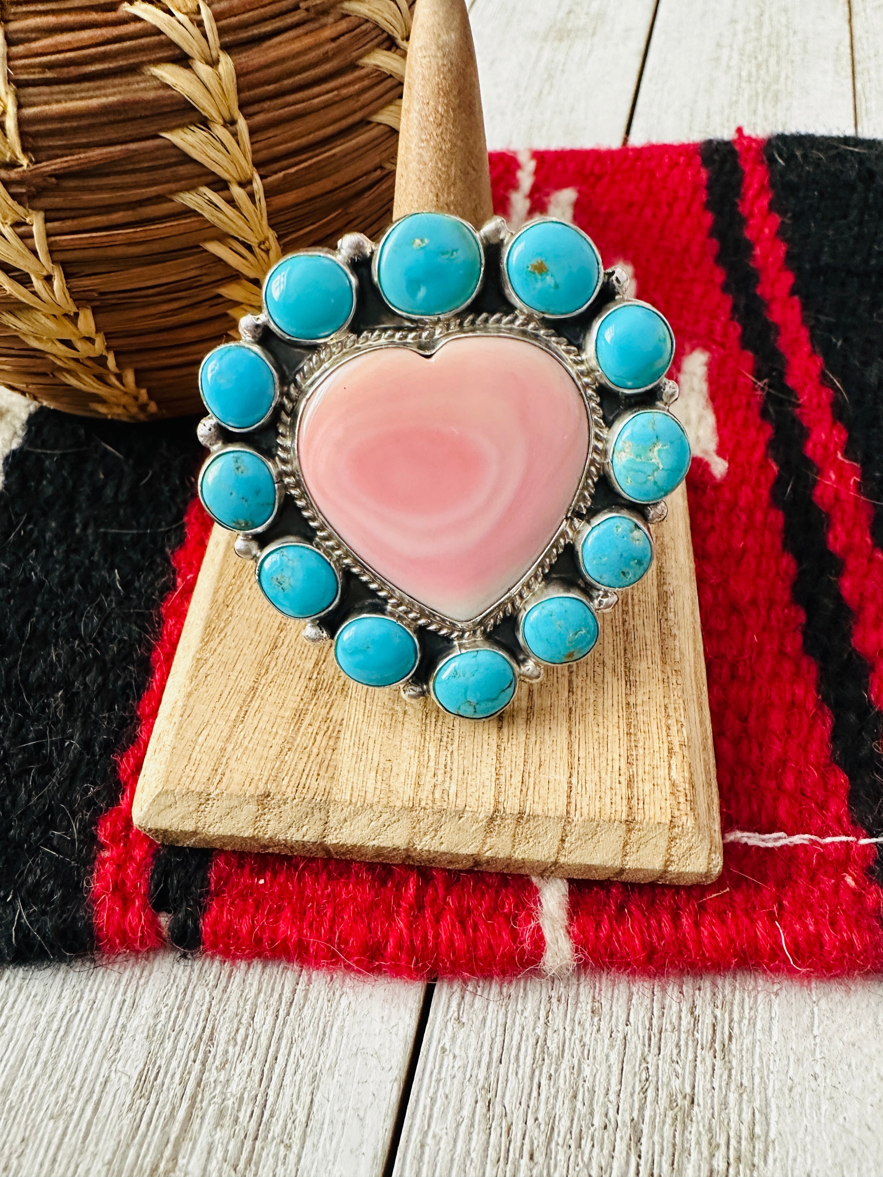 Navajo Sterling Silver, Queen Pink Conch & Turquoise Heart Adjustable Ring