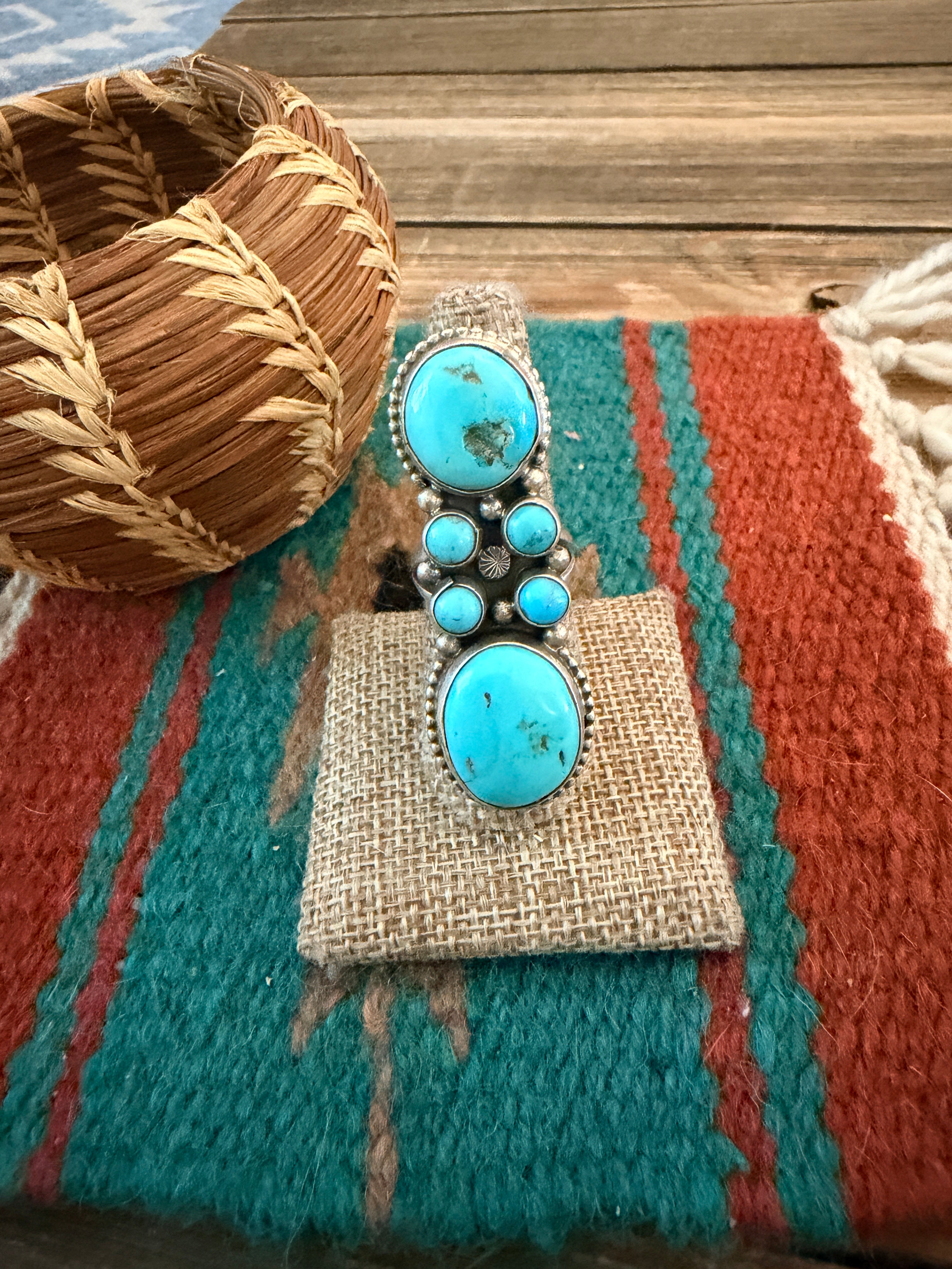 Handcrafted Kingman Turquoise & Sterling Silver Cluster Ring Size 8 by Sheila Becenti