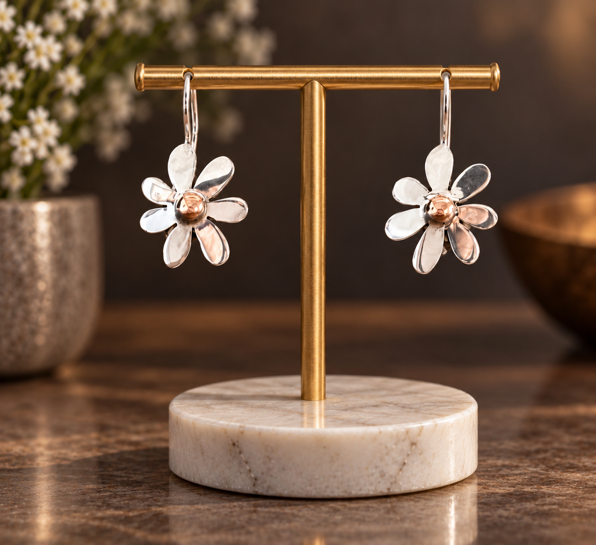 Copper Daisy Flower & Sterling Silver Dangle Earrings On Fixed Hook